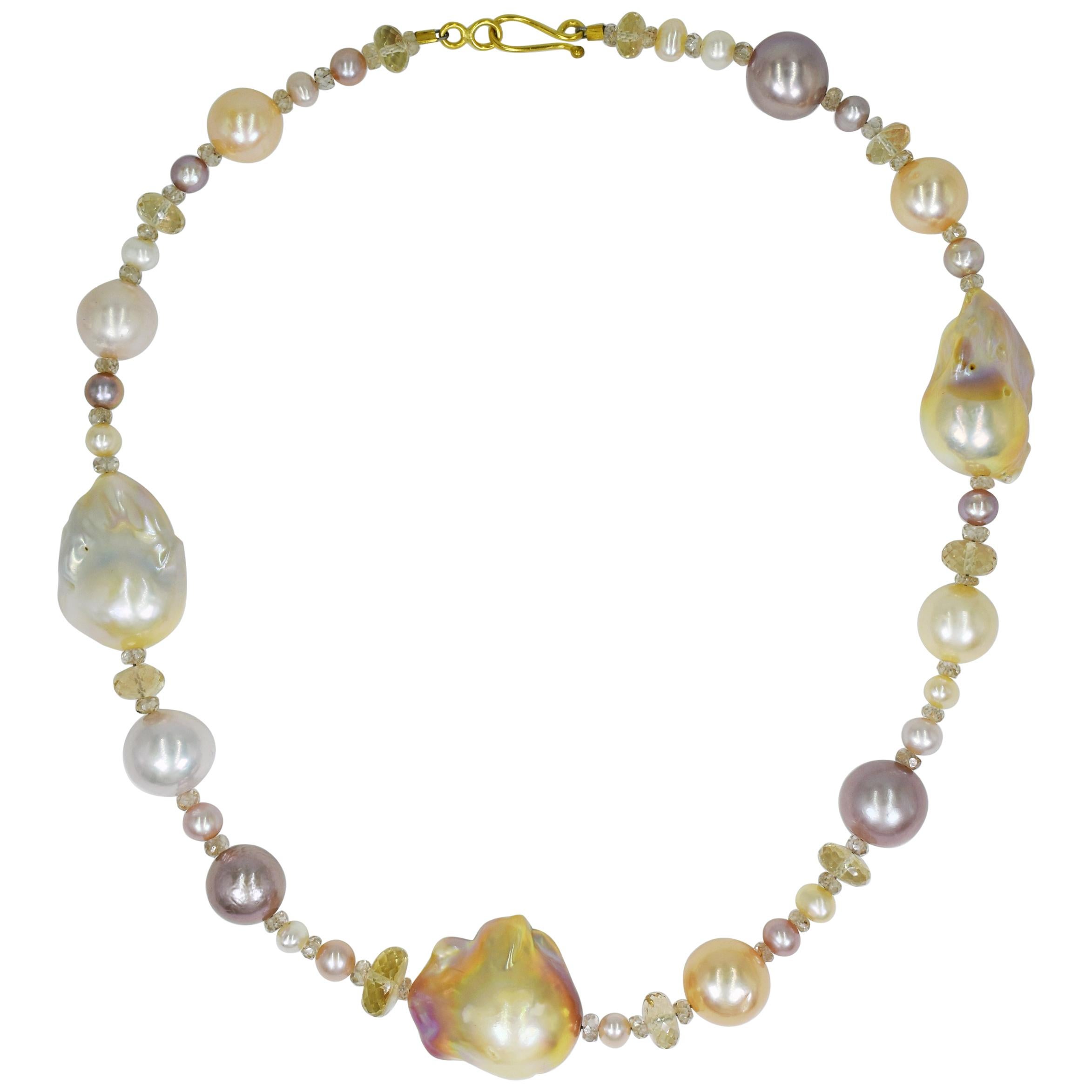 Peachy Pink Baroque Pearls and Sunstone Beaded Necklace For Sale