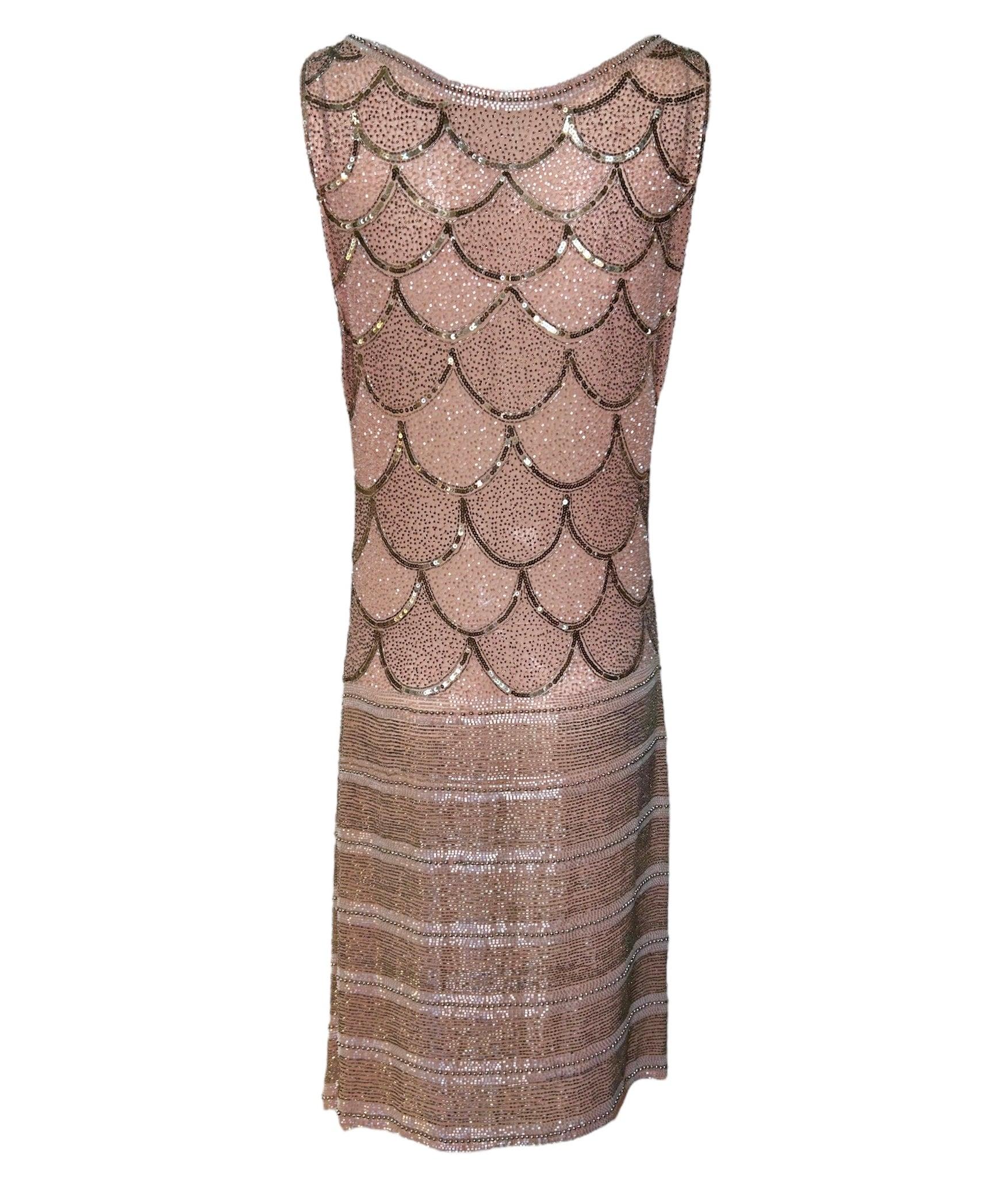 Brown Peachy Pink Intricately Beaded Cotton Flapper Gown, 1920s For Sale