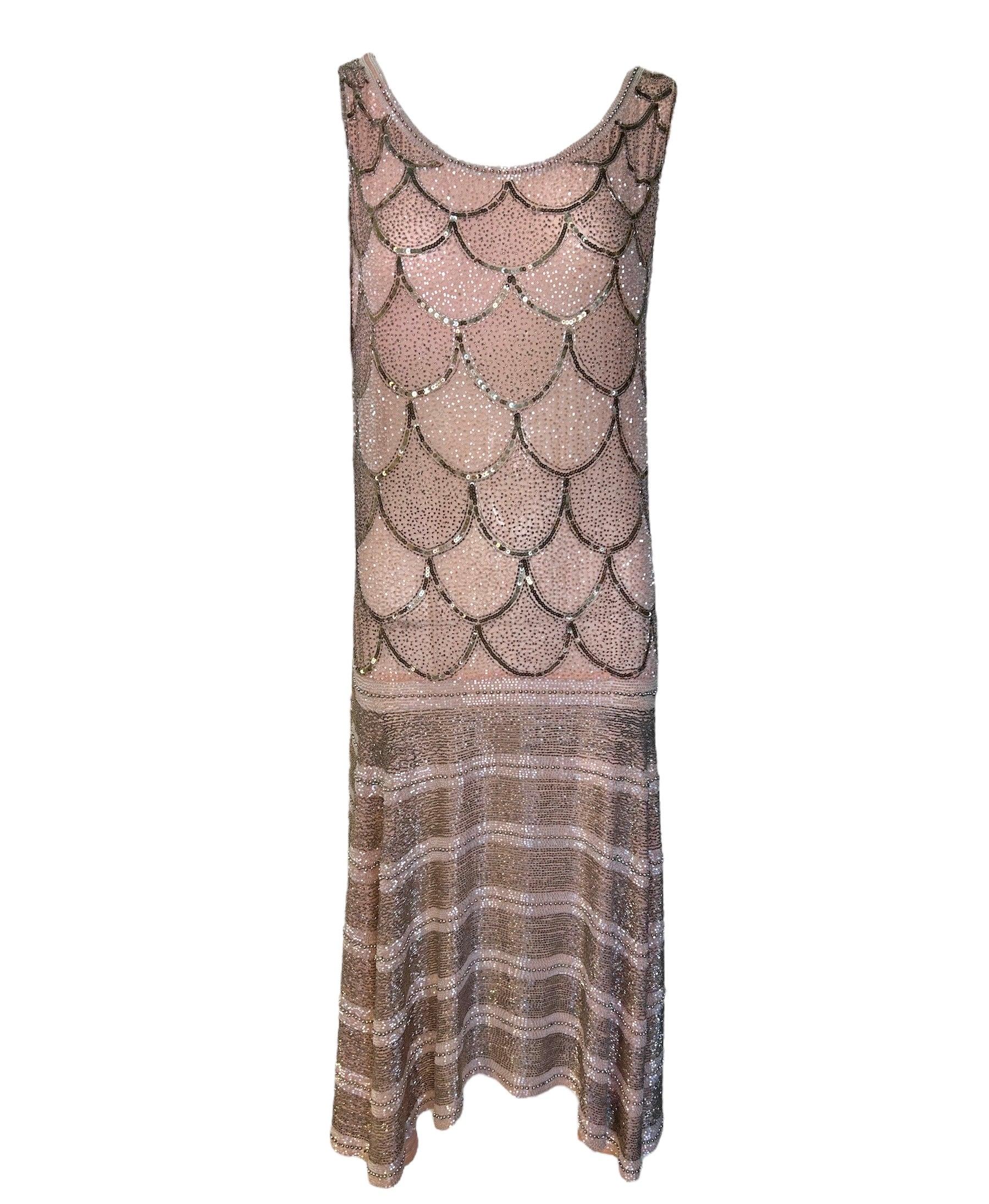 Peachy Pink Intricately Beaded Cotton Flapper Gown, 1920s For Sale