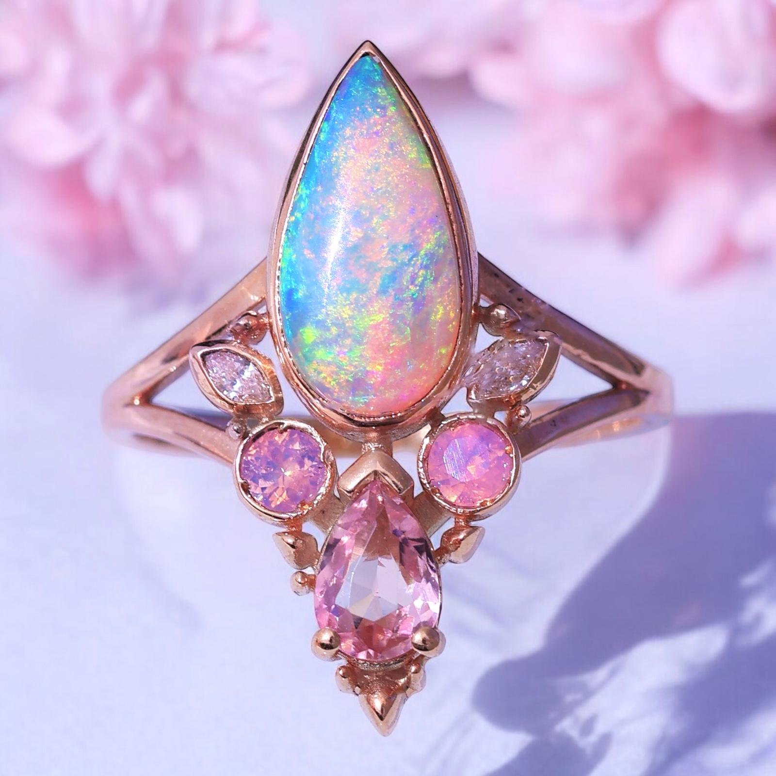 Artisan Peachy pink Rainbow Opal Ring, Natural Diamond, 14k Yellow Gold For Sale