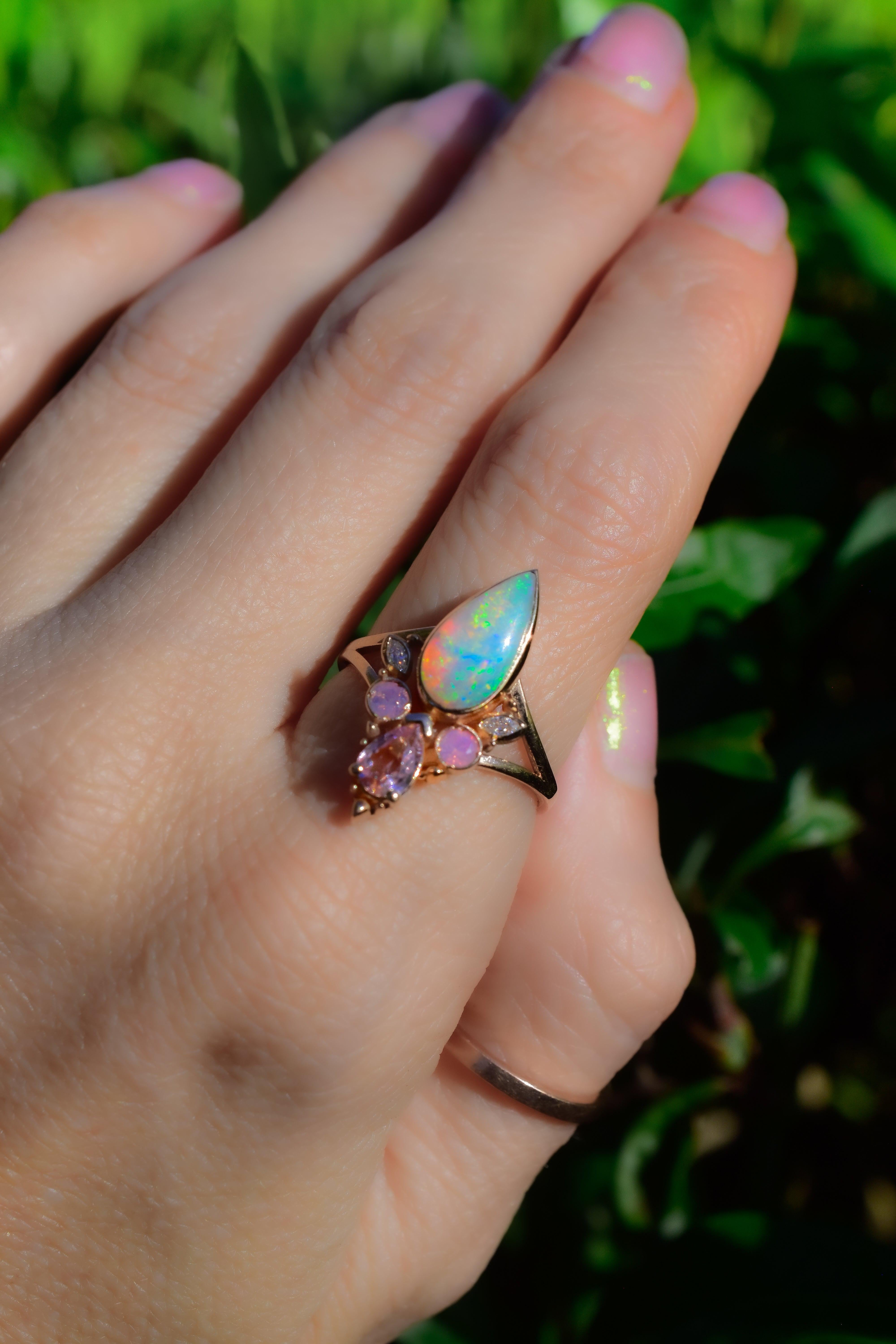 Cabochon Peachy pink Rainbow Opal Ring, Natural Diamond, 14k Yellow Gold For Sale