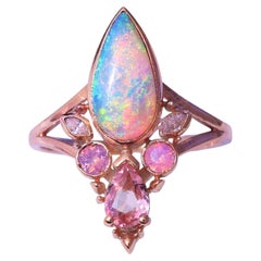 Peachy pink Rainbow Opal Ring, Natural Diamond, 14k Yellow Gold