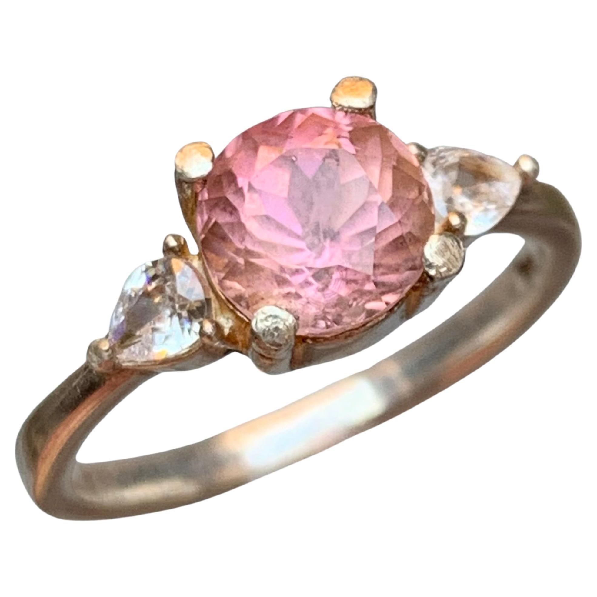 Peachy Pink Tourmaline Round Cut Cocktail Ring in Handmade 925 Sterling Silver en vente