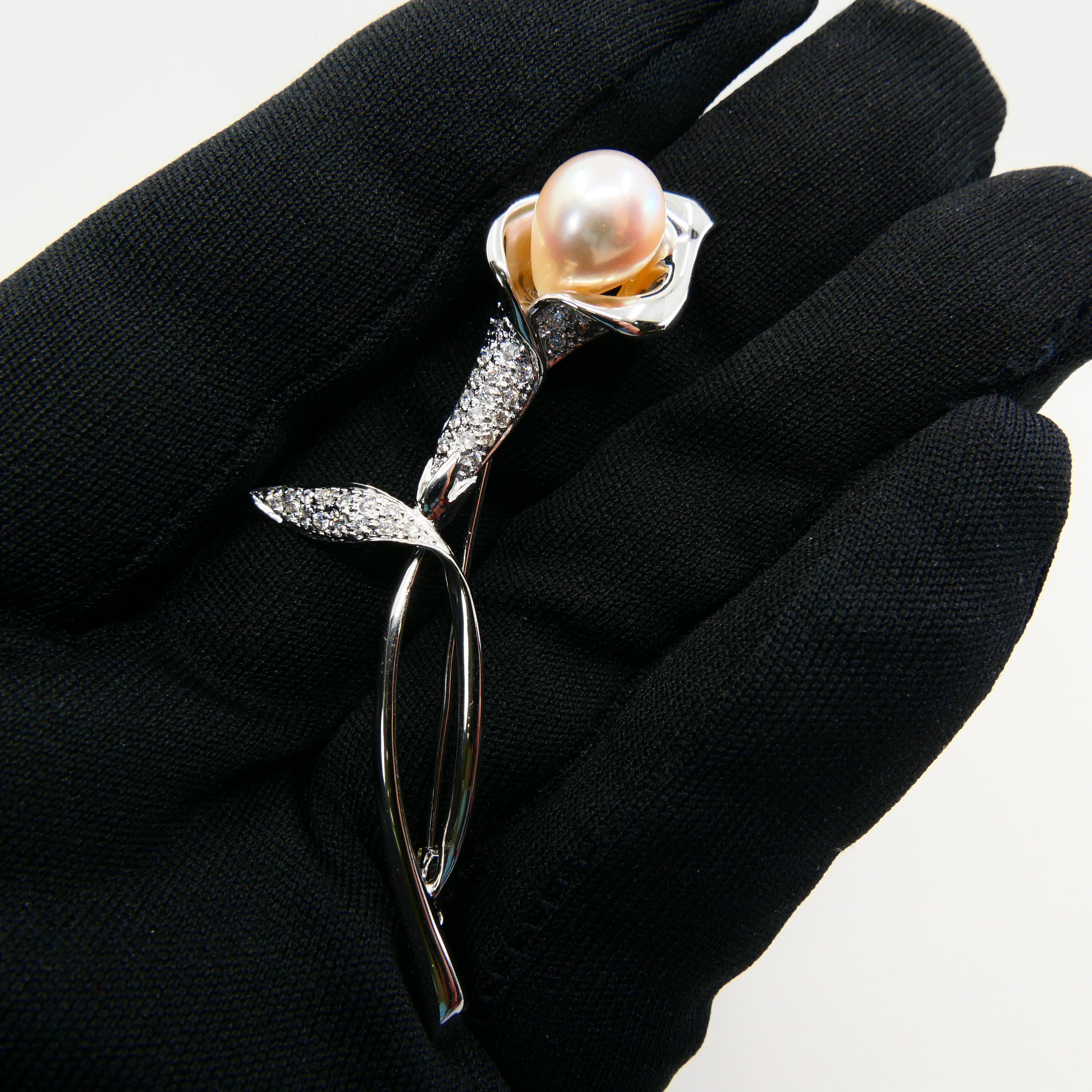 Peachy Rose Color Pearl & Diamond Flower Brooch, 18k White Gold For Sale 4