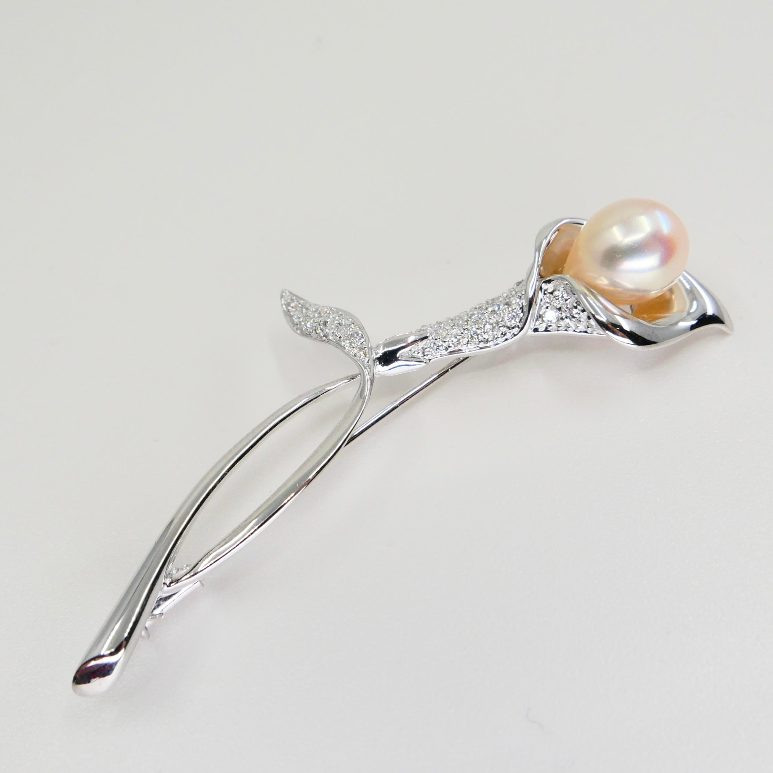 Rough Cut Peachy Rose Color Pearl & Diamond Flower Brooch, 18k White Gold For Sale