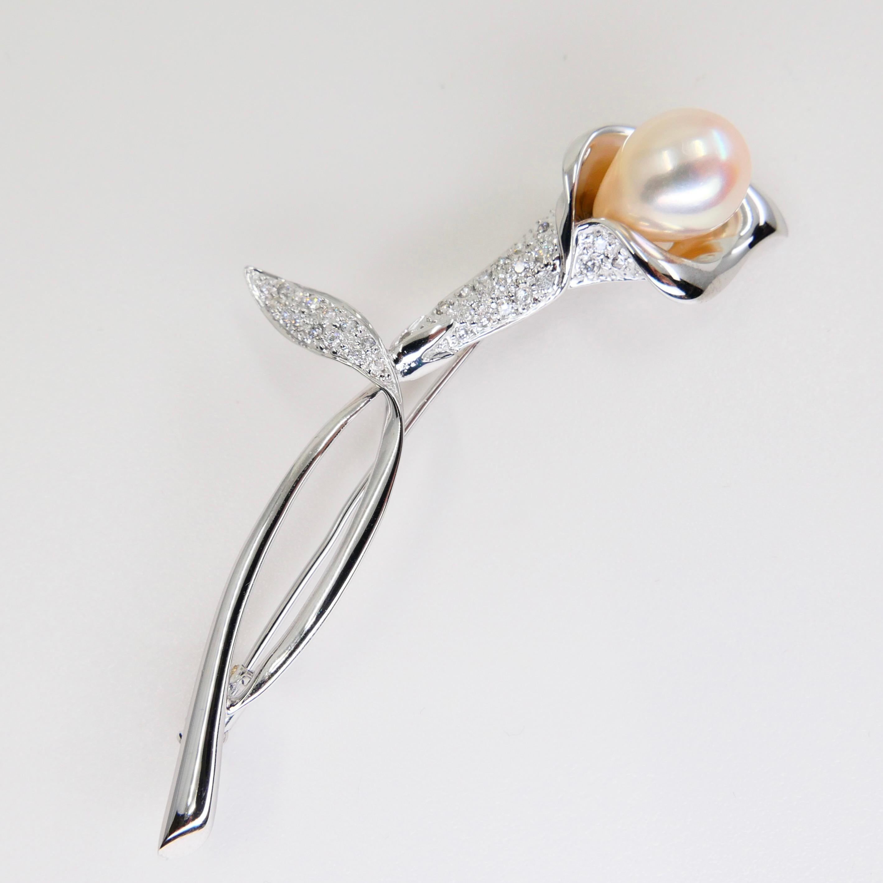 Women's Peachy Rose Color Pearl & Diamond Flower Brooch, 18k White Gold For Sale