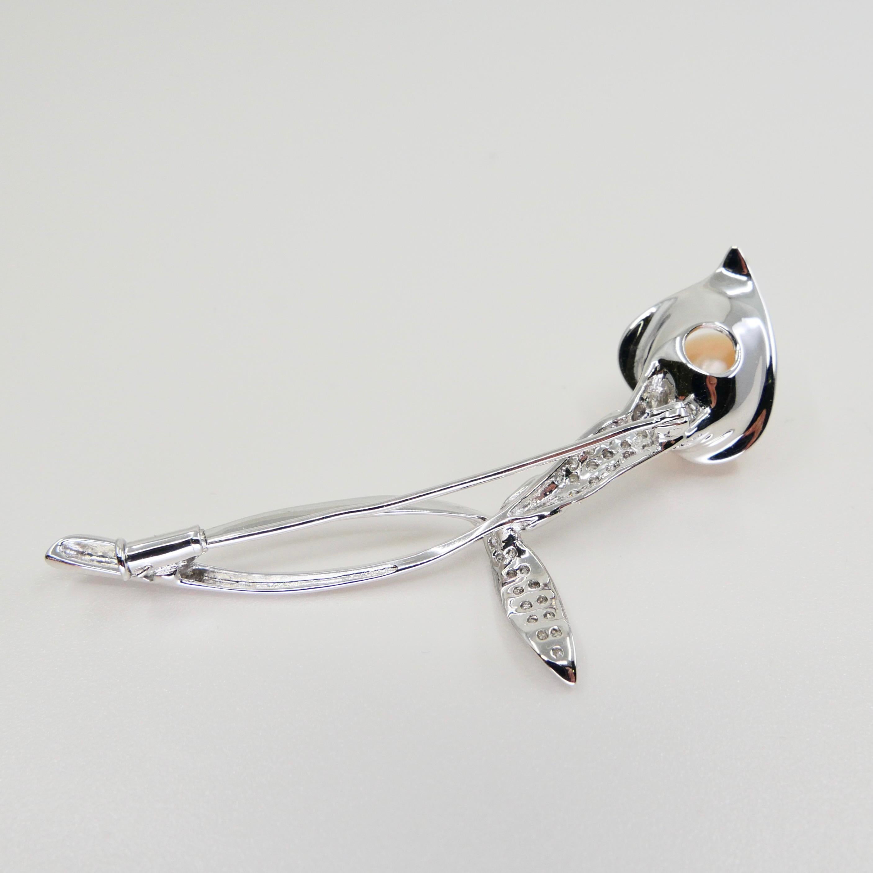 Peachy Rose Color Pearl & Diamond Flower Brooch, 18k White Gold For Sale 1