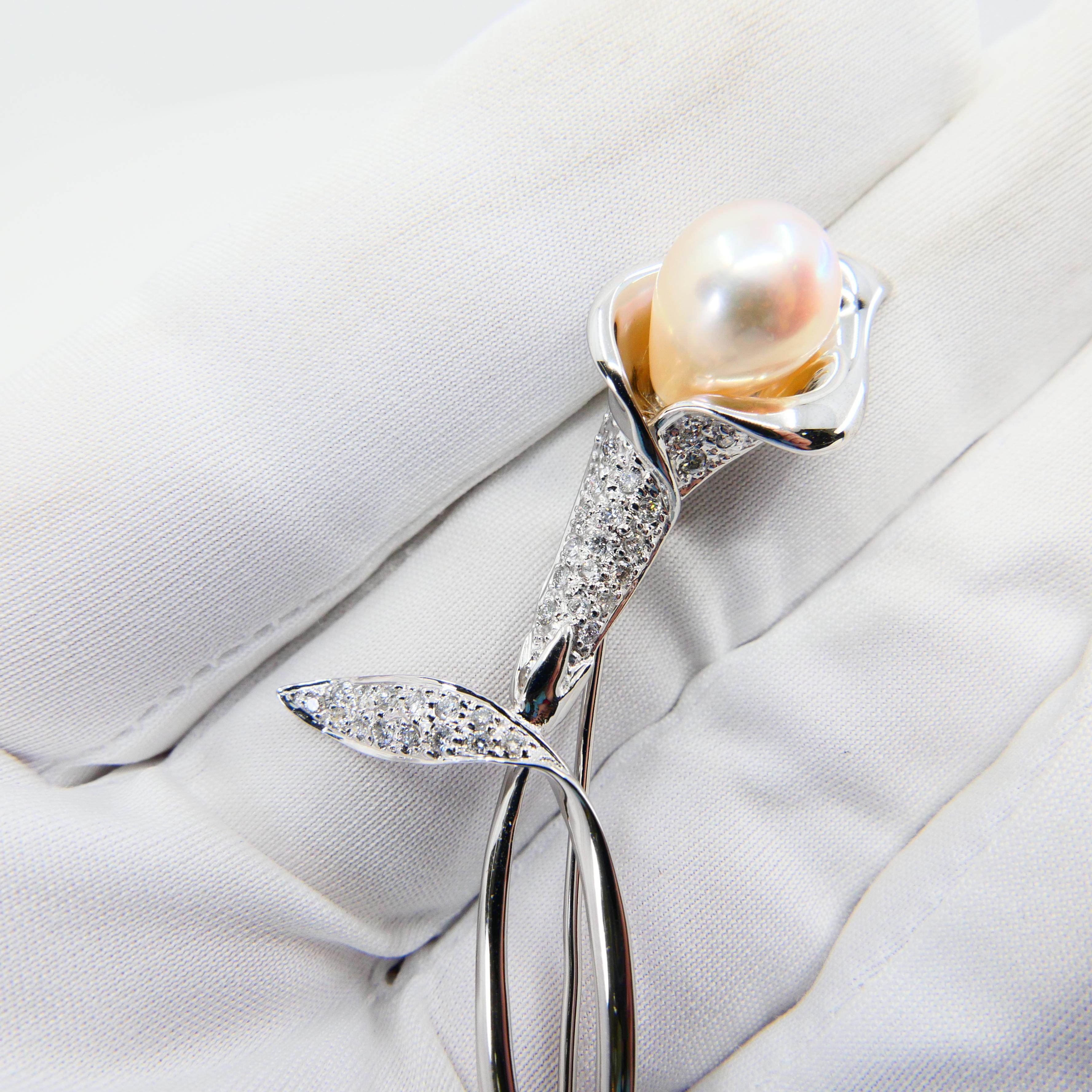 Peachy Rose Color Pearl & Diamond Flower Brooch, 18k White Gold For Sale 3