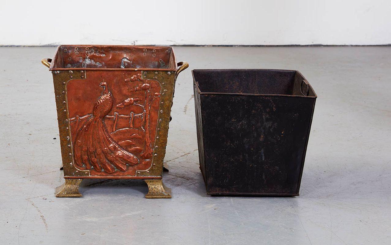 Copper Peacock and Cyprus Kindling Bin For Sale