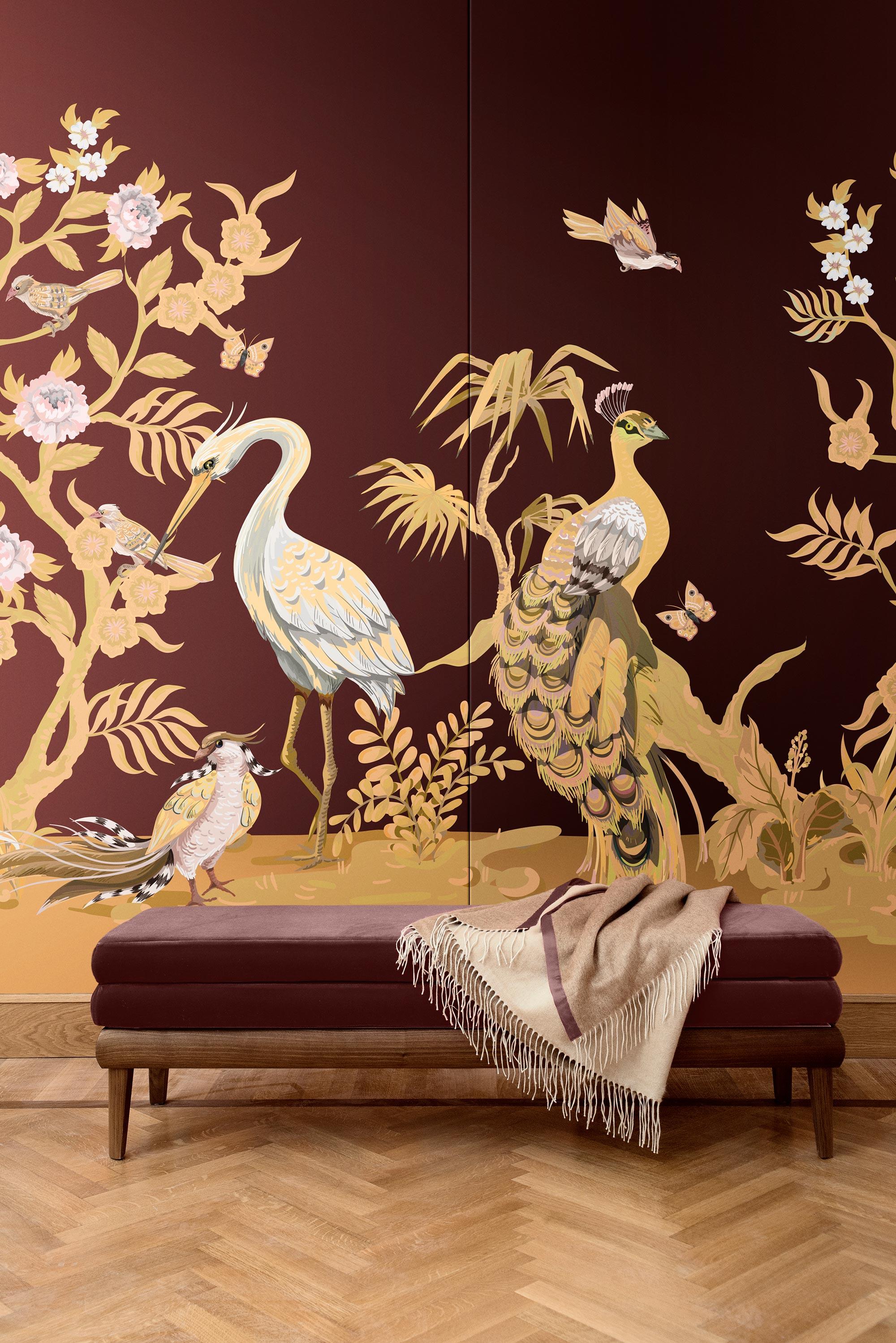 Italian Contemporary Peacock and Herons Silk Panel For Sale