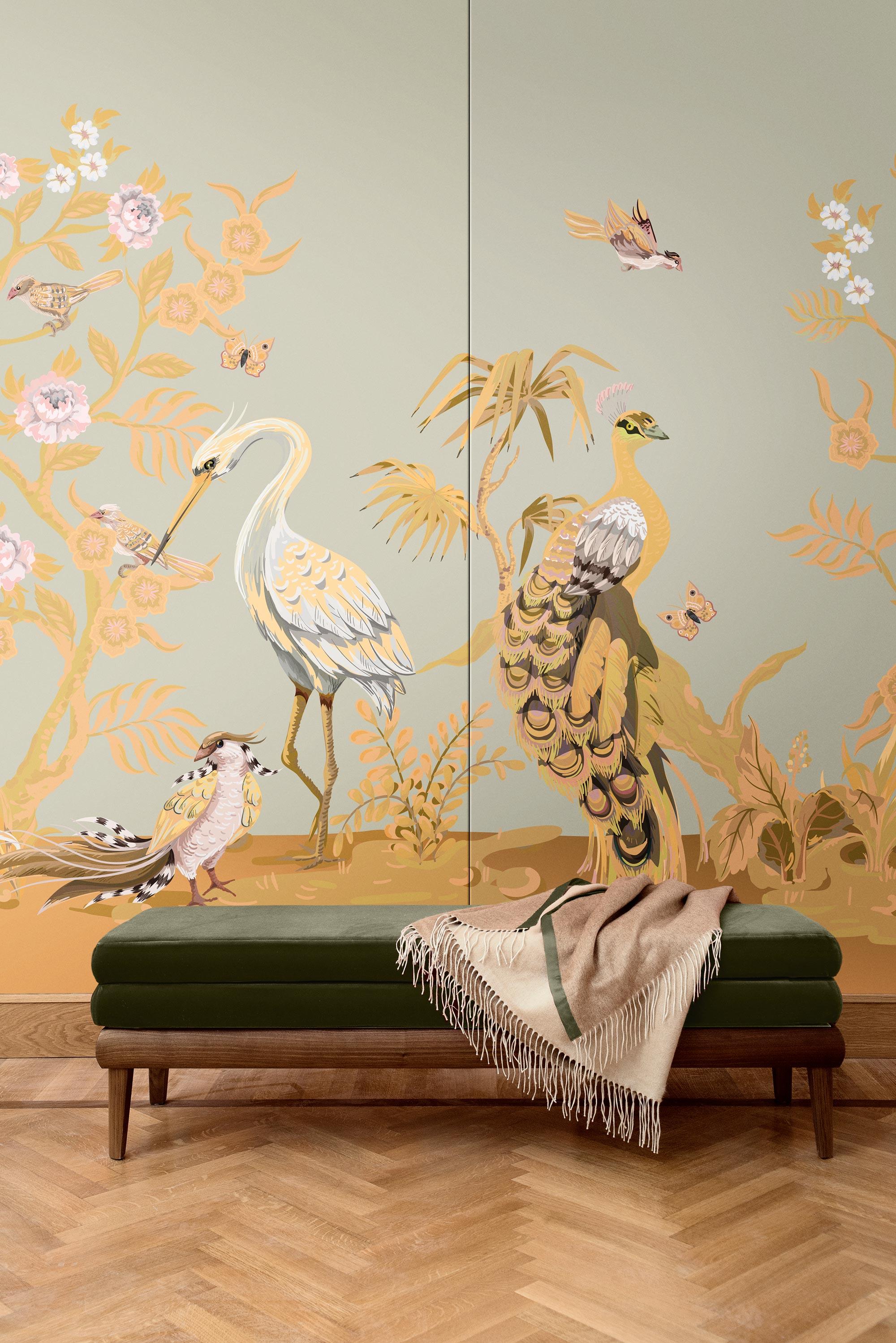 The Peacock and Herons collection recalls the richness of an 18th century decoration interpreted with particular dimensions of the design and colors, which make it current and highly decorative.