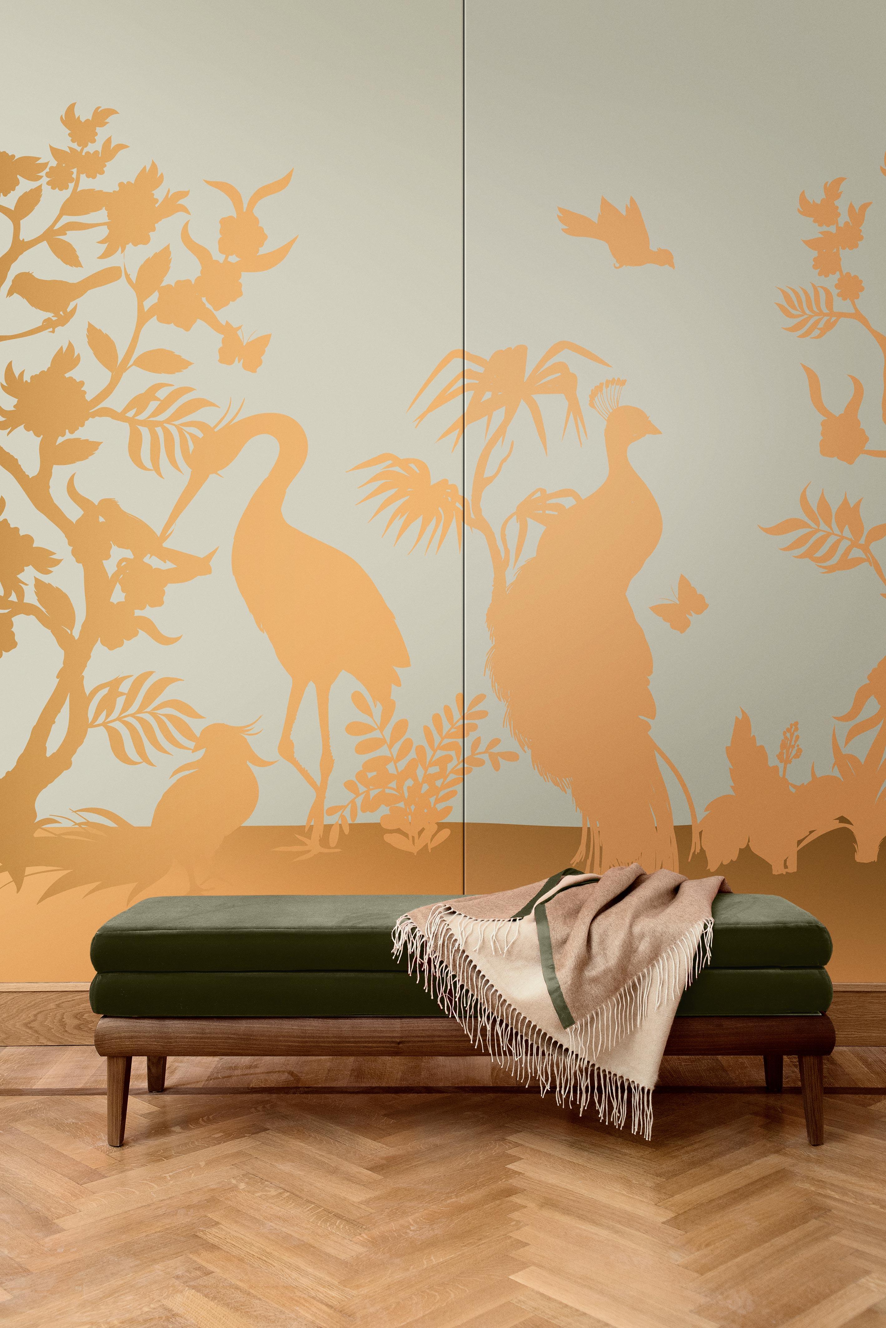 Italian Contemporary Peacock and Herons Silhouette Silk Panel For Sale