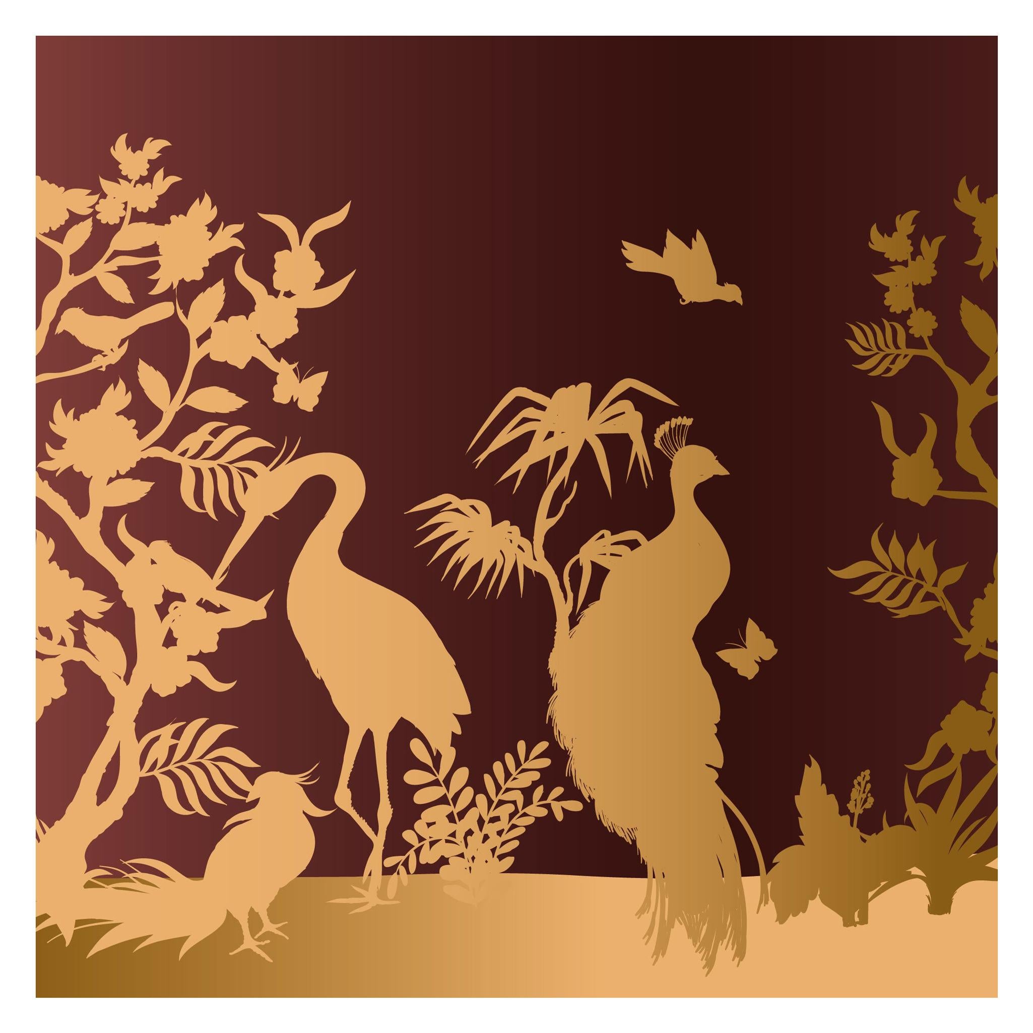 Contemporary Peacock and Herons Silhouette Silk Panel For Sale