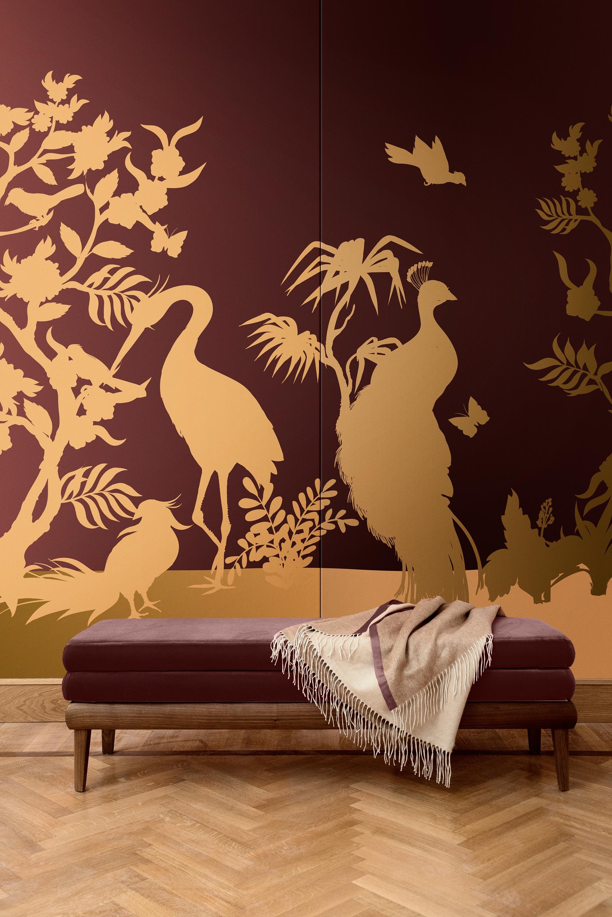 Modern Contemporary Peacock and Herons Silhouette Silk Panel For Sale