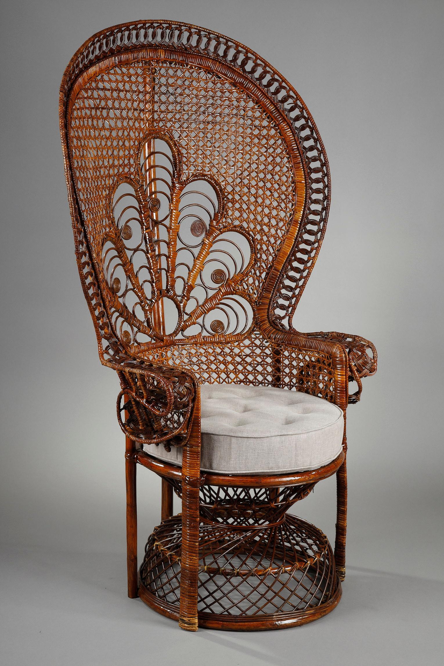 Peacock armchair also called Emmanuelle in natural rattan with a large flared back and a 