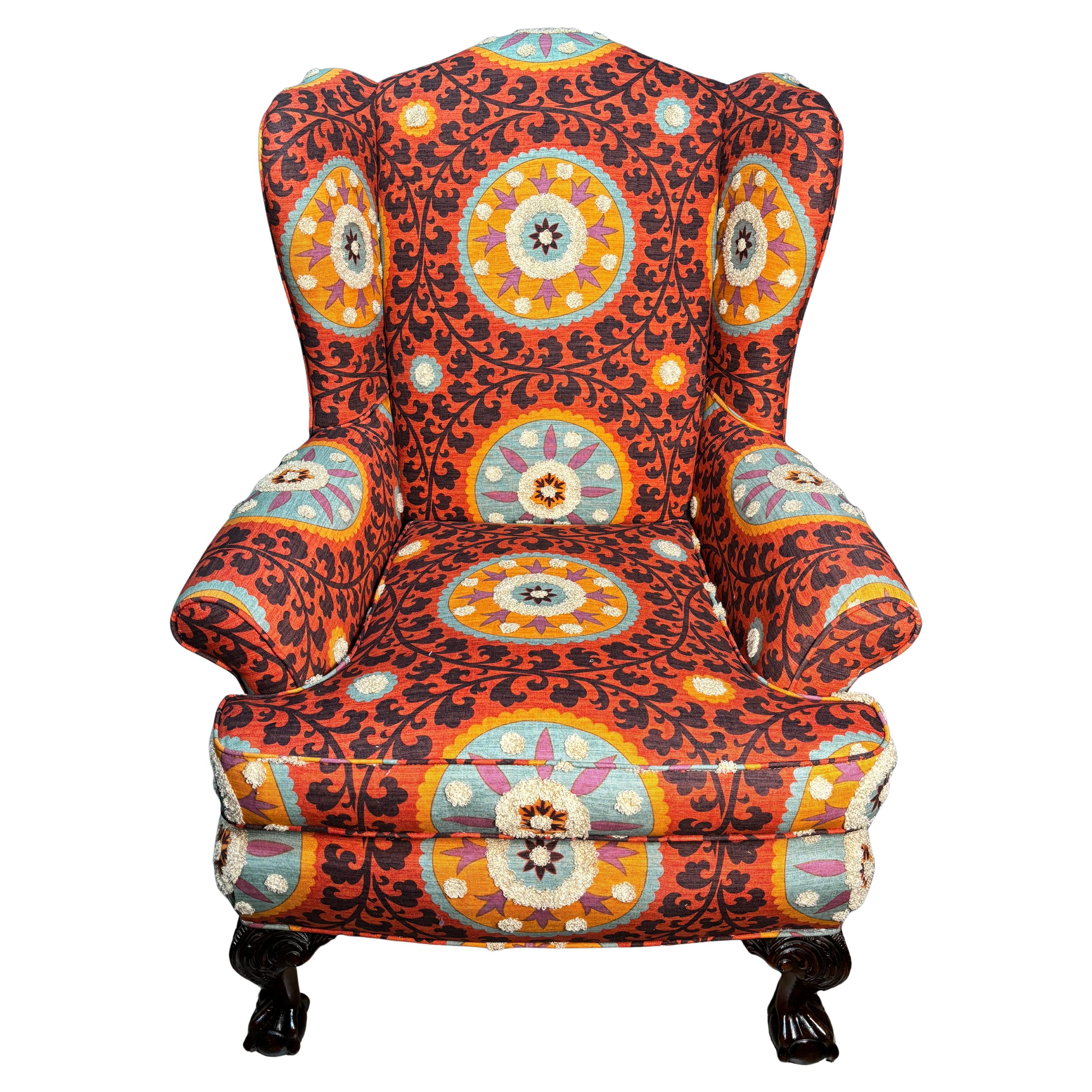 Peacock Armchair Upholstered with Tribal Thread Sunset Fabric For Sale