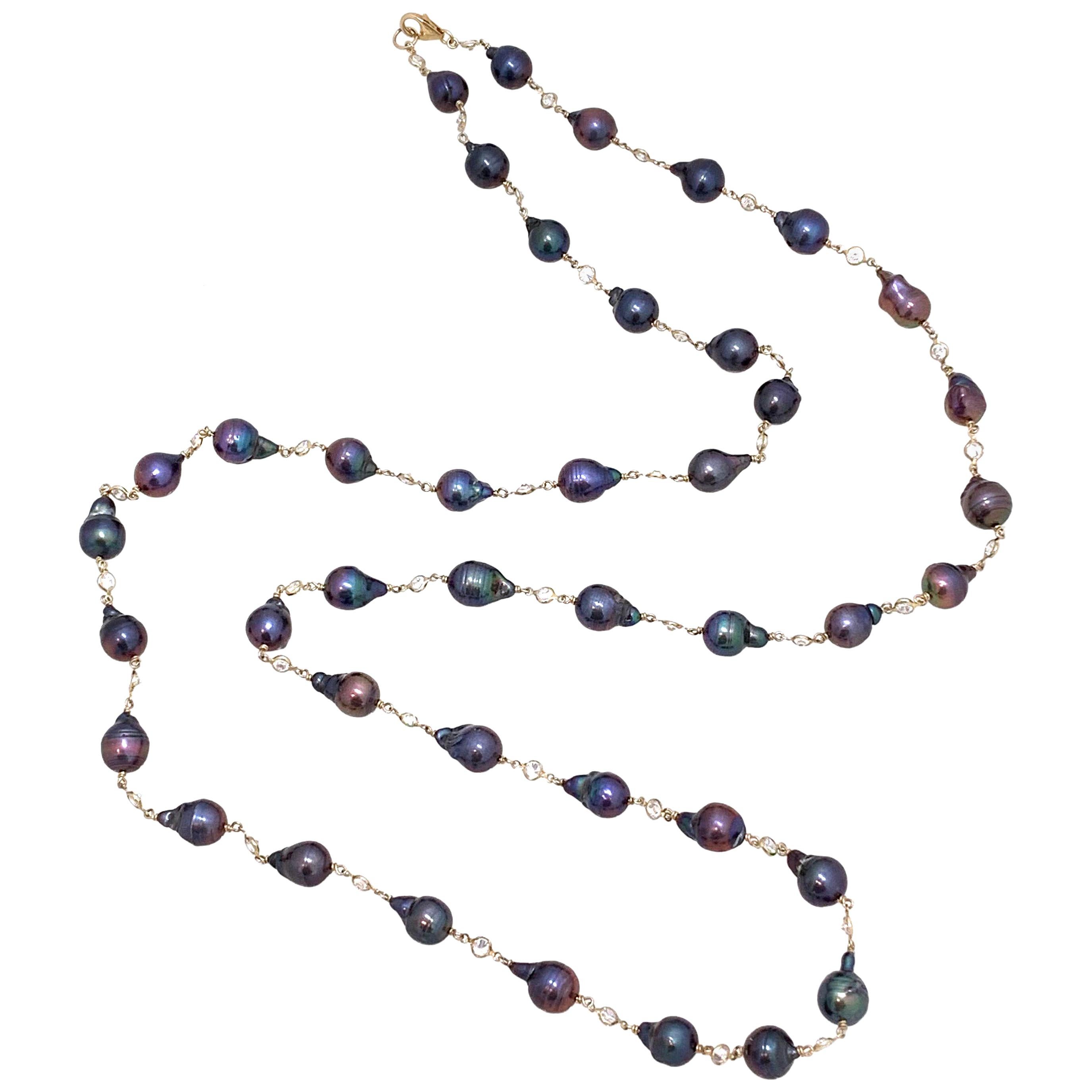 Baroque Pearl Black Diamond Long Chain Necklace at 1stDibs