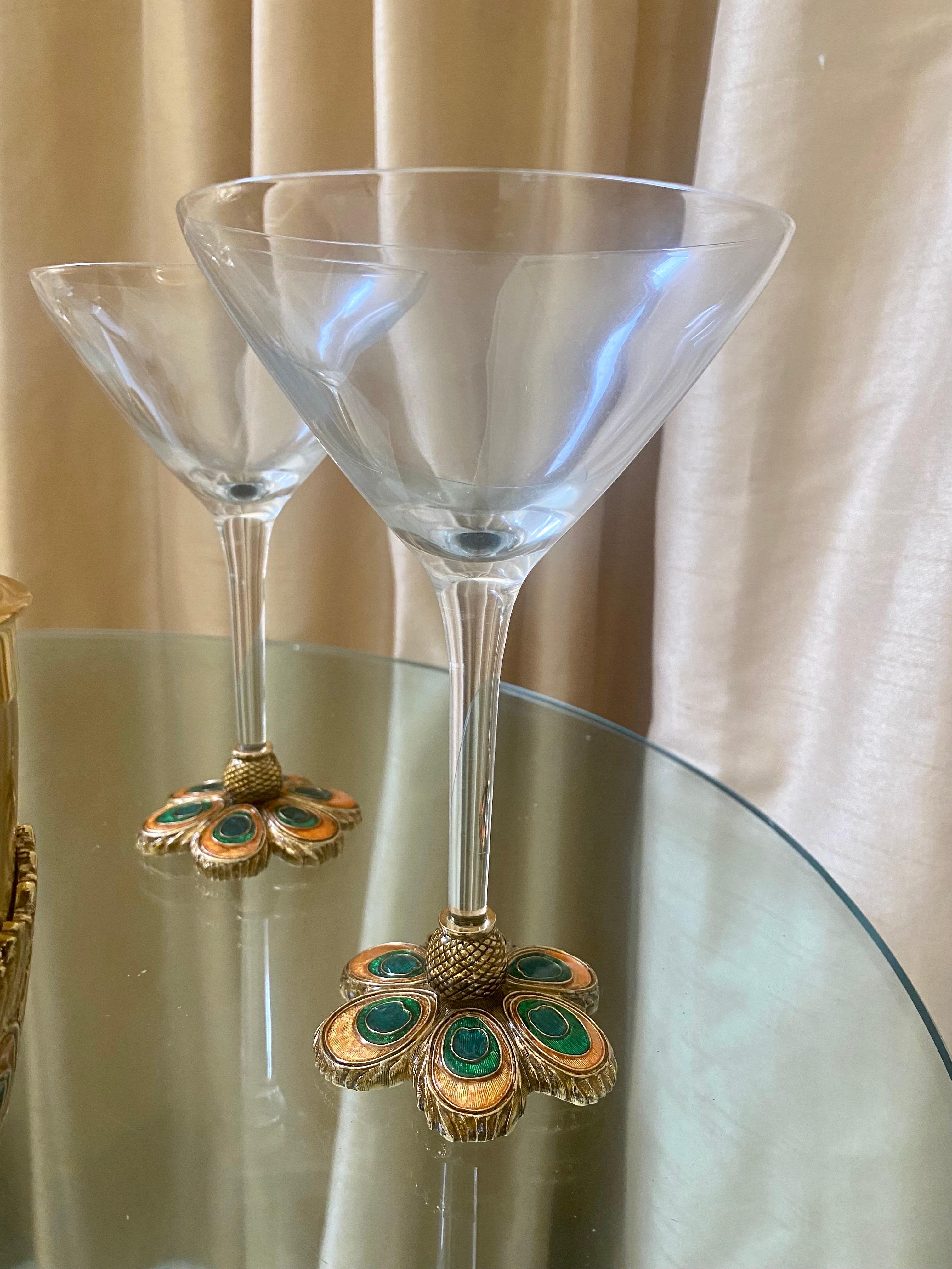 Mid-Century Modern Peacock Barware Set with Martini Glasses