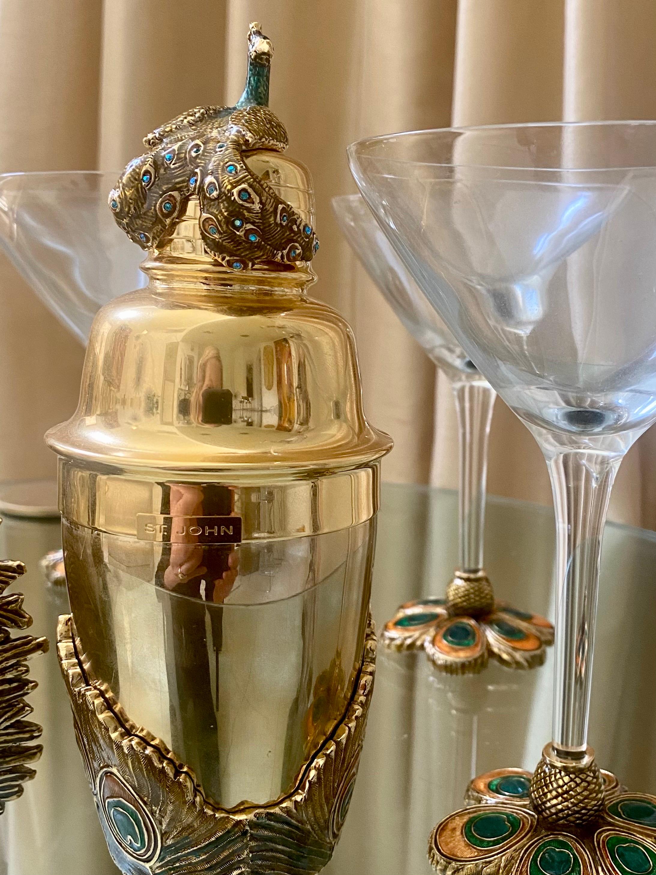 20th Century Peacock Barware Set with Martini Glasses