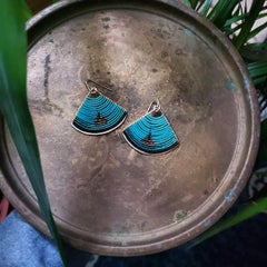 Teal, Blue and Bronze Peacock Beaded Fan Shaped Earrings