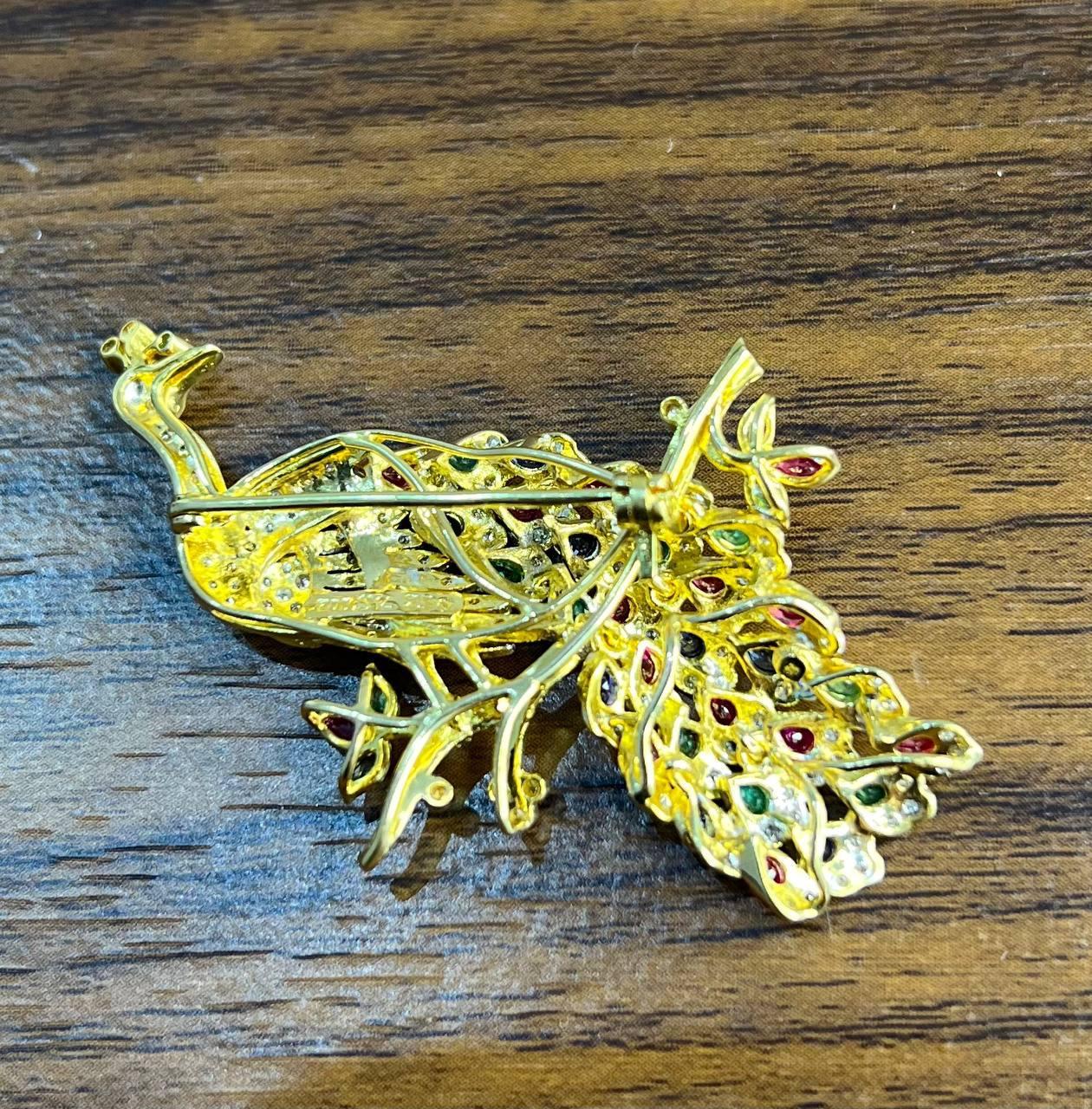 Mixed Cut Peacock Bird 14K Yellow Gold Brooch Pin White Diamonds Rubies Emerald Sapphires For Sale