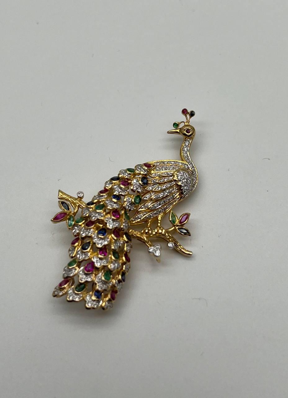 Peacock Bird 14K Yellow Gold Brooch Pin White Diamonds Rubies Emerald Sapphires In New Condition For Sale In Oakton, VA