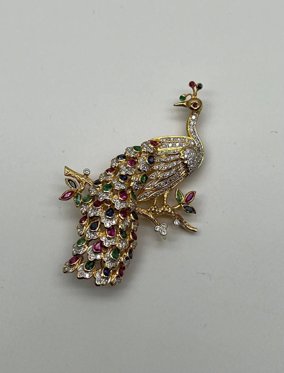 Women's Peacock Bird 14K Yellow Gold Brooch Pin White Diamonds Rubies Emerald Sapphires For Sale
