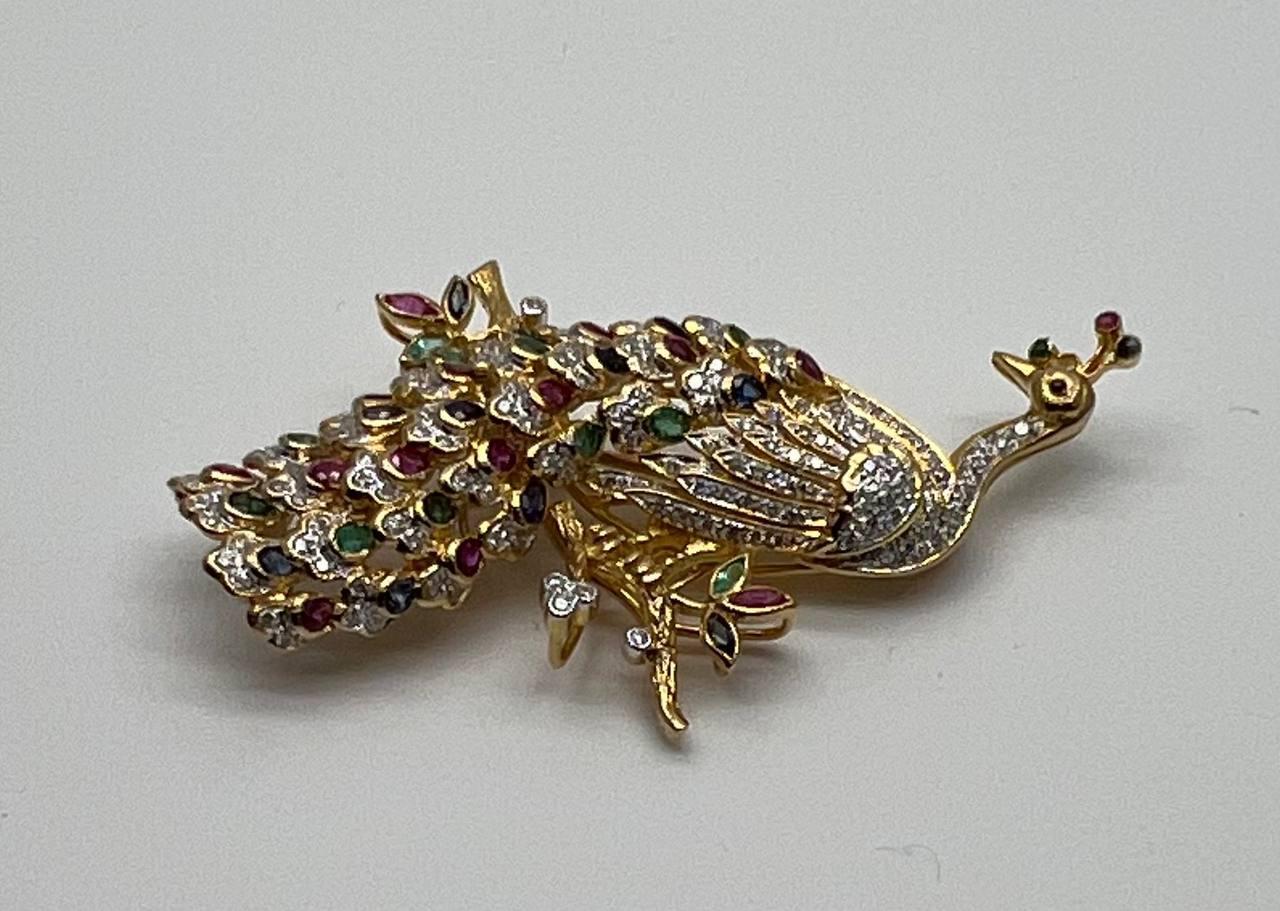 Peacock Bird 14K Yellow Gold Brooch Pin White Diamonds Rubies Emerald Sapphires For Sale 1