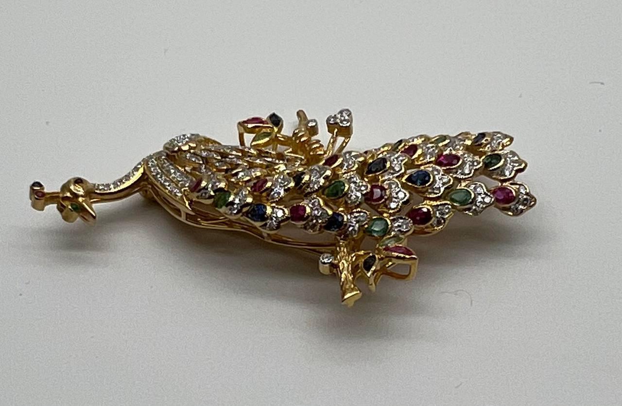 Peacock Bird 14K Yellow Gold Brooch Pin White Diamonds Rubies Emerald Sapphires For Sale 2