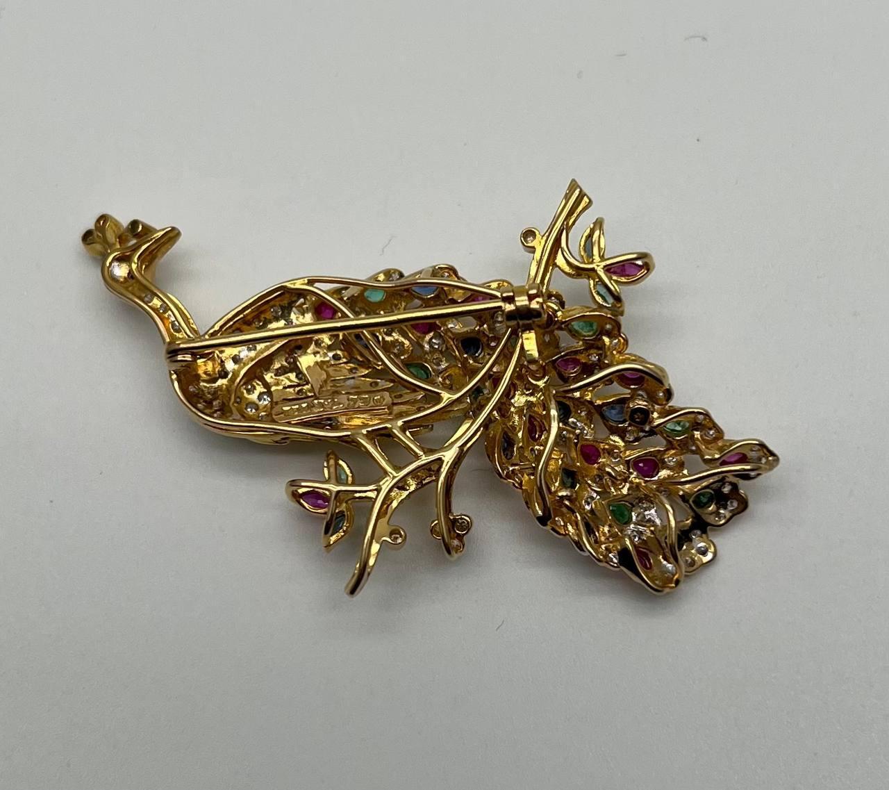 Peacock Bird 14K Yellow Gold Brooch Pin White Diamonds Rubies Emerald Sapphires For Sale 3