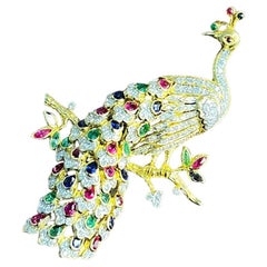 Peacock Bird 14K Yellow Gold Brooch Pin White Diamonds Rubies Emerald Sapphires