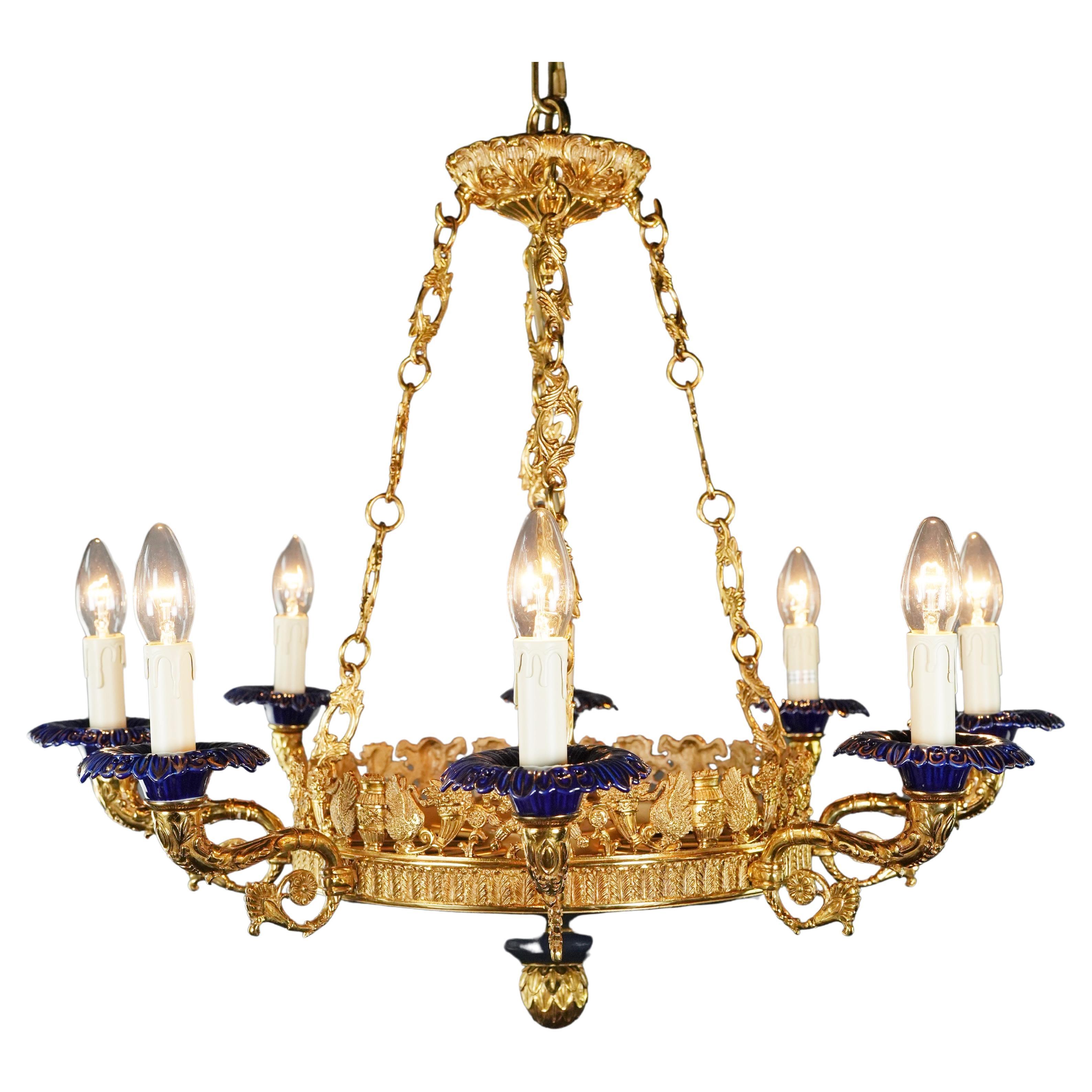 Peacock Bird French Brass Empire Chandelier Lustre Lamp Antique Gold Art Deco For Sale