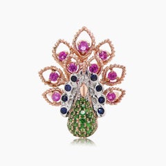 Peacock Bird Green Garnet Diamond Ruby & Pink Sapphire 18K Rose Gold Ring