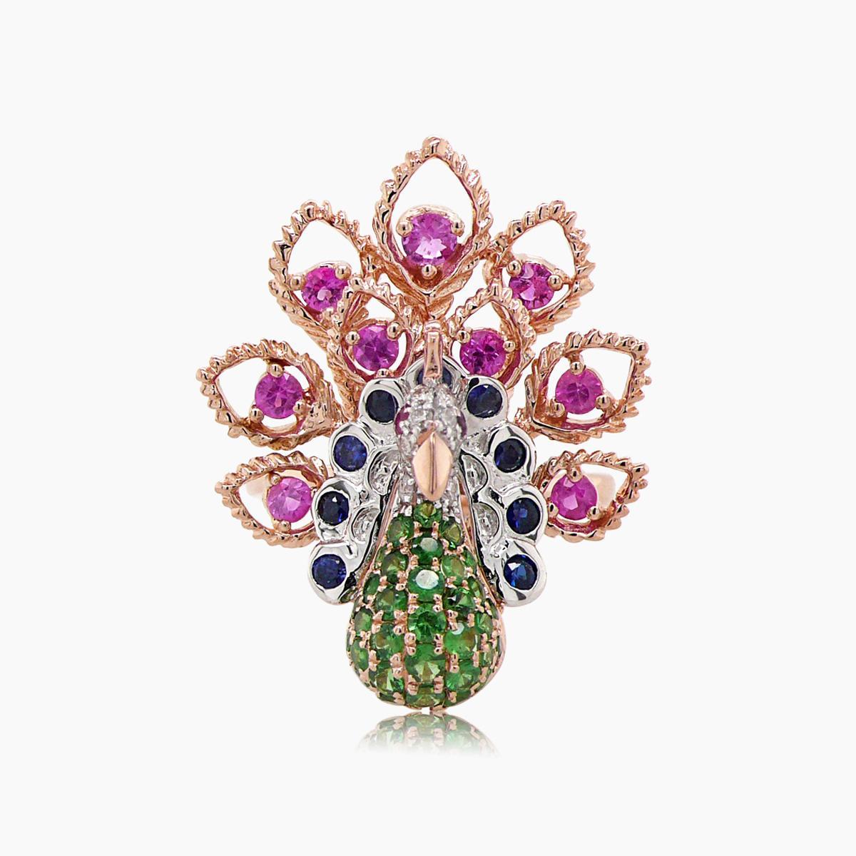 Taglio misto Uccello pavone Anello in oro rosa 18 carati con diamante e rubino, granato verde e zaffiro rosa in vendita