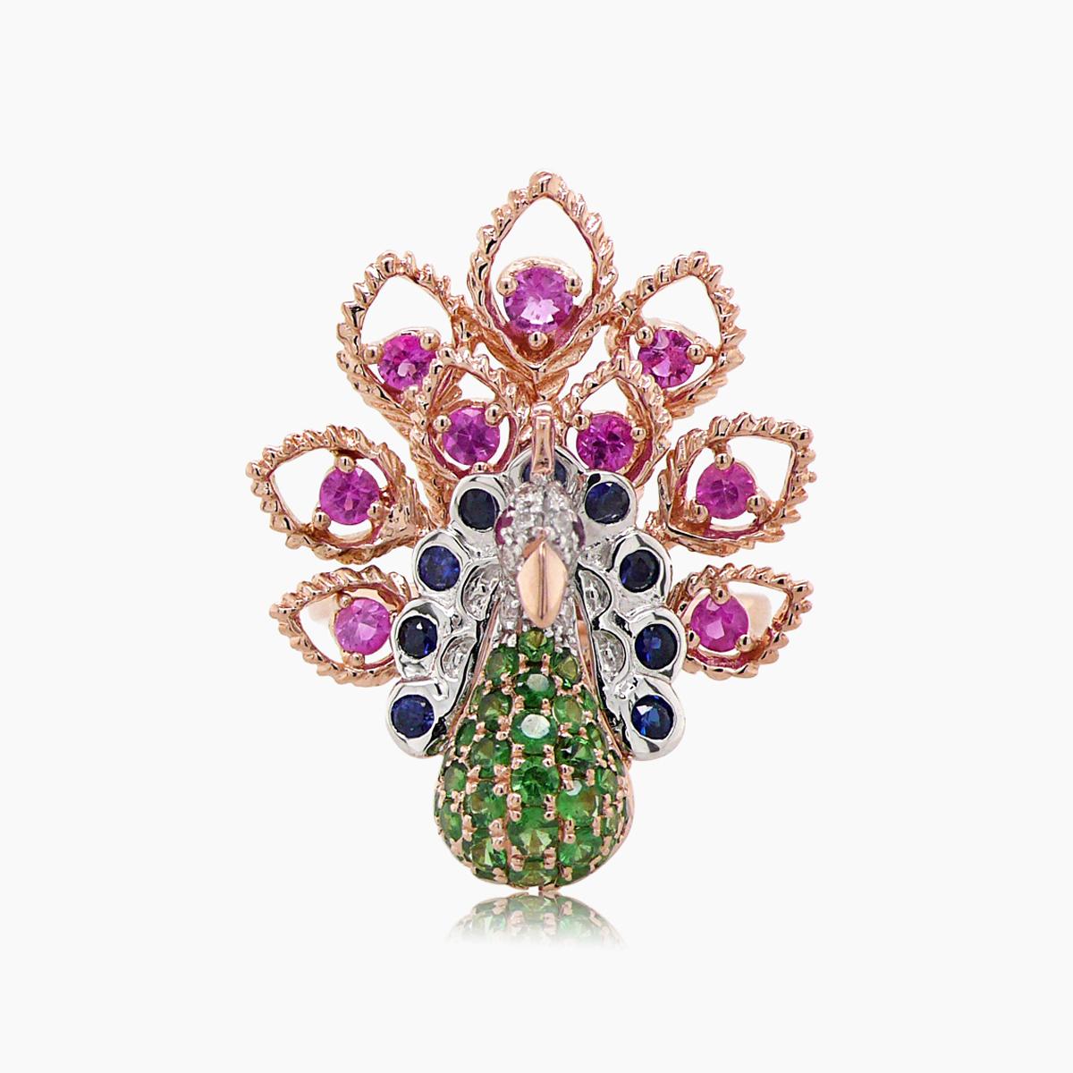 Uccello pavone Anello in oro rosa 18 carati con diamante e rubino, granato verde e zaffiro rosa In condizioni Nuovo in vendita a Oakton, VA