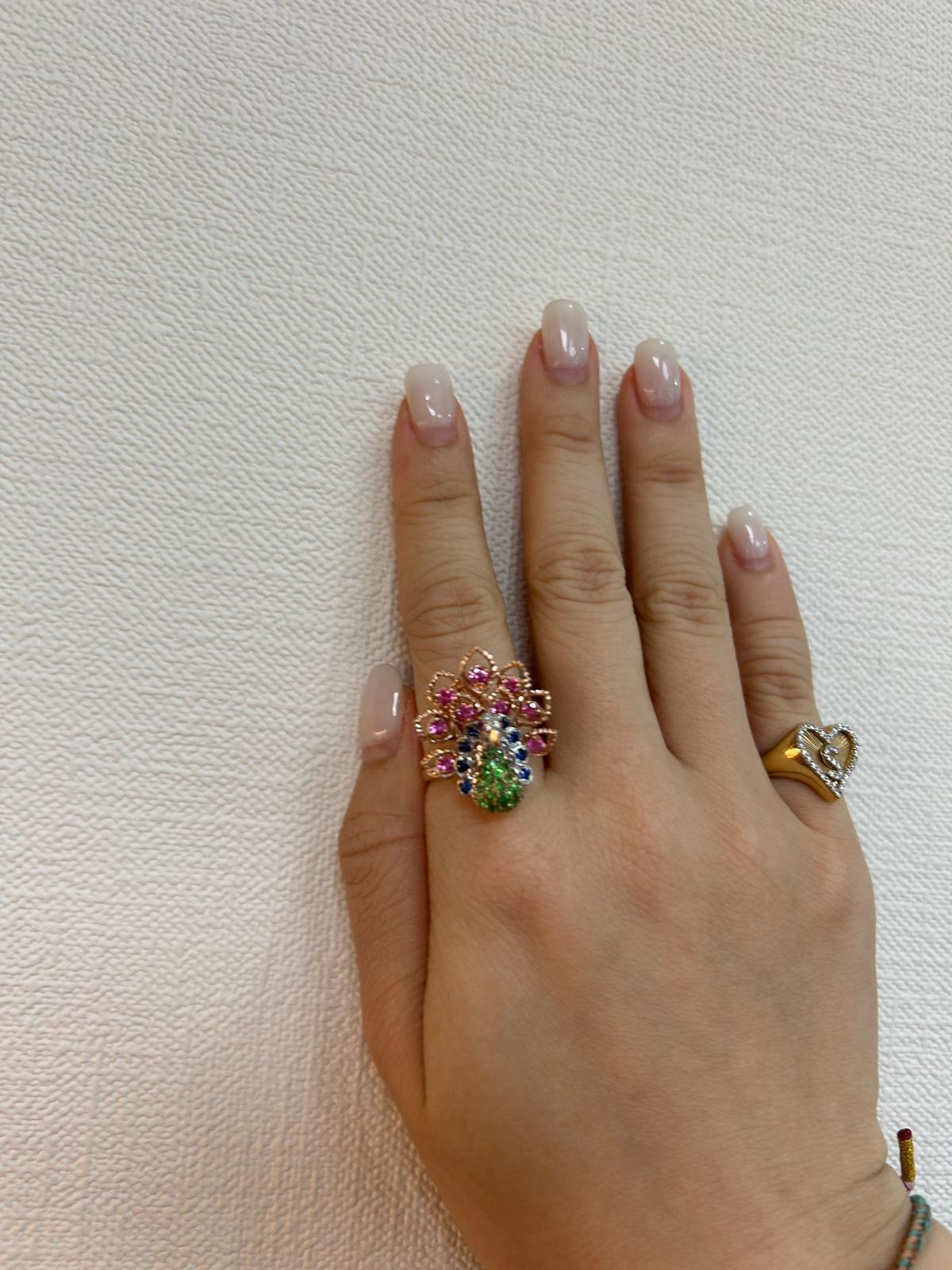 Women's Peacock Bird Green Garnet Diamond Ruby & Pink Sapphire 18K Rose Gold Ring For Sale