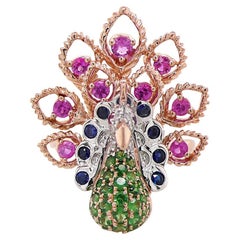 Peacock Bird Green Garnet Diamond Ruby & Pink Sapphire 18K Rose Gold Ring