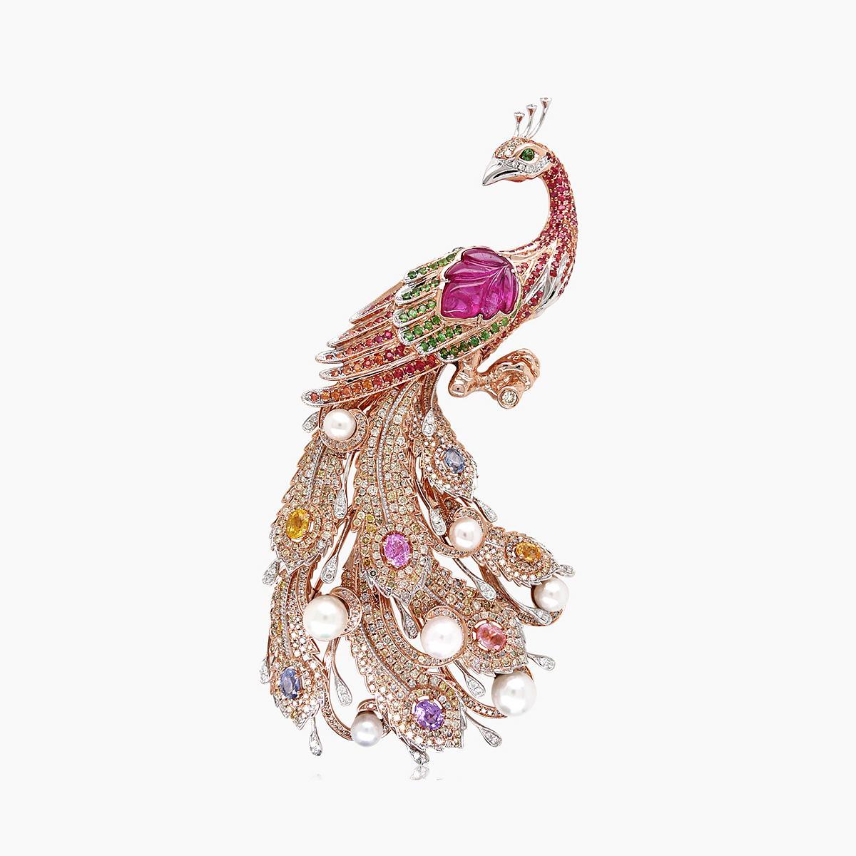Pfauenvogel Mehrfarbig Saphir Fancy Diamant Perle 18K Rose Gold Pin Brosche im Zustand „Neu“ im Angebot in Oakton, VA