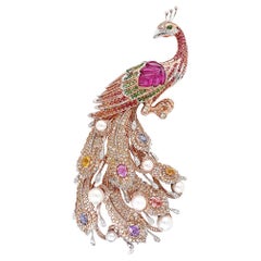 Peacock Bird Multi-Colour Sapphire Fancy Diamond Pearl 18K Rose Gold Pin Brooch