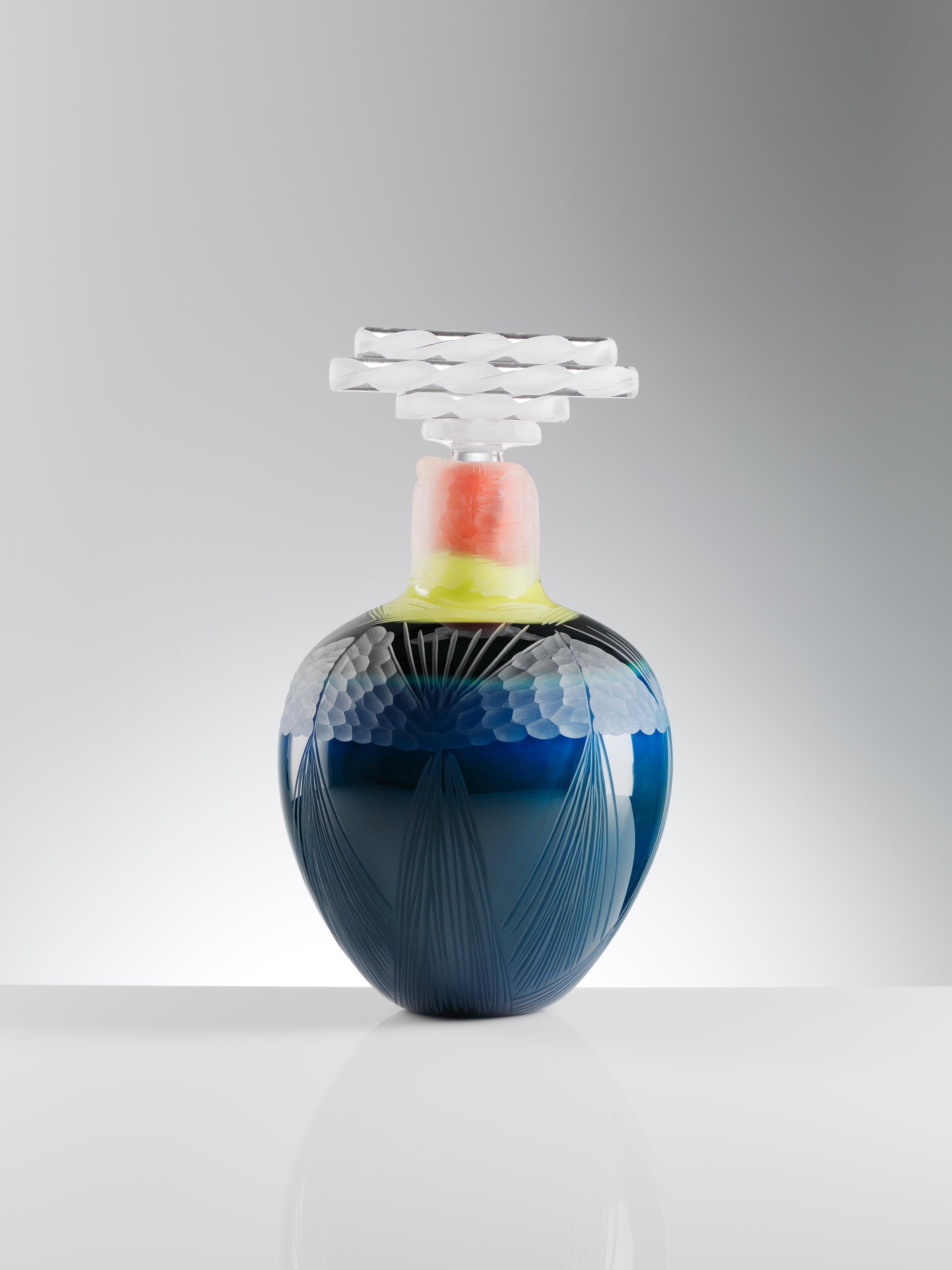 Peacock Solace4 sculpted blown glass vase handmade by Juli Bolaños-Durman
Solace Collection 2016 - 2017
One of a Kind
Dimensions: 11.8 x 6.7 x 6.7 inches
Materials: Found & blown glass with cuttings

This piece is made of two parts: stopper