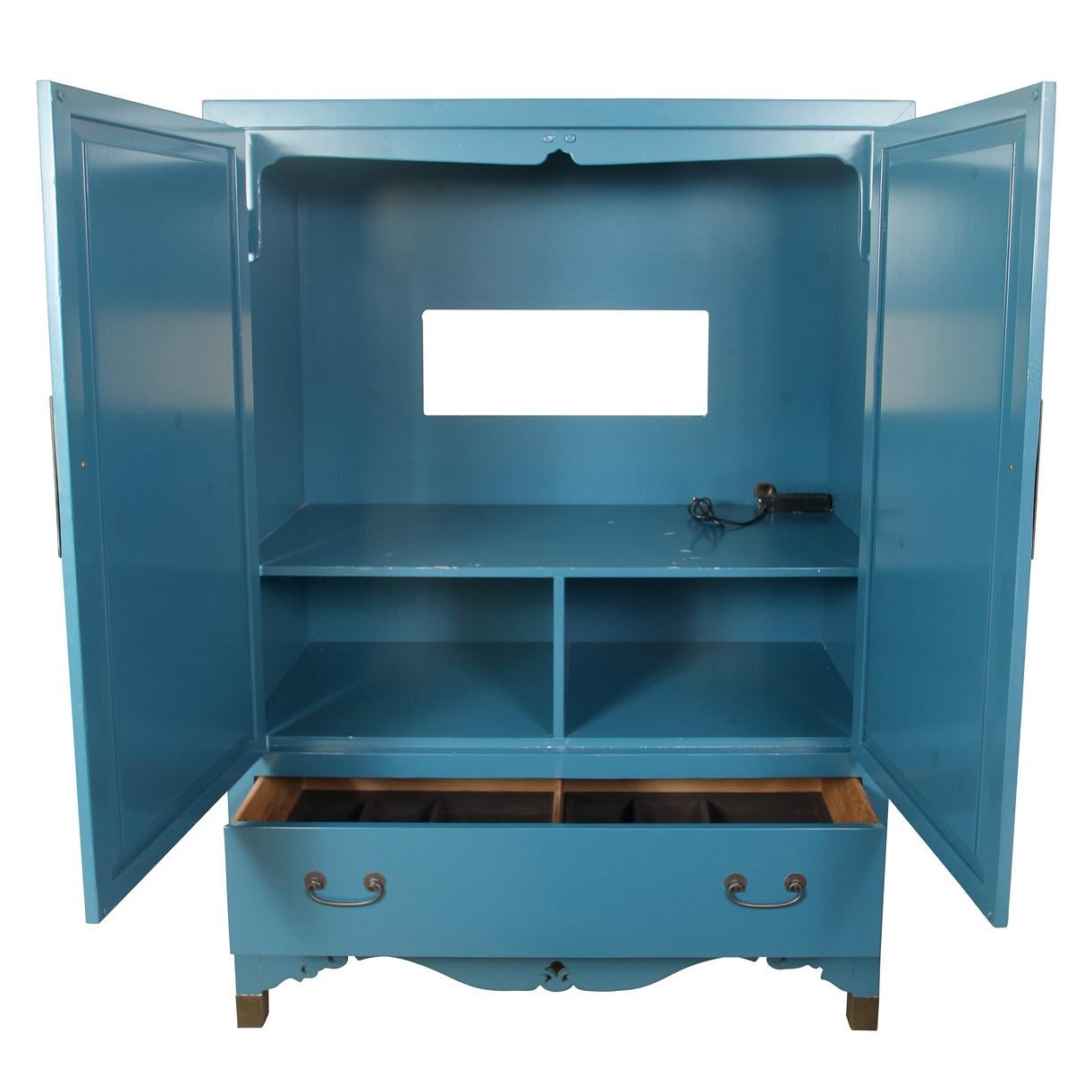 20th Century Peacock Blue Asian Style Armoire With Brass Fittings For Sale