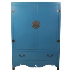 Vintage Peacock Blue Asian Style Armoire With Brass Fittings