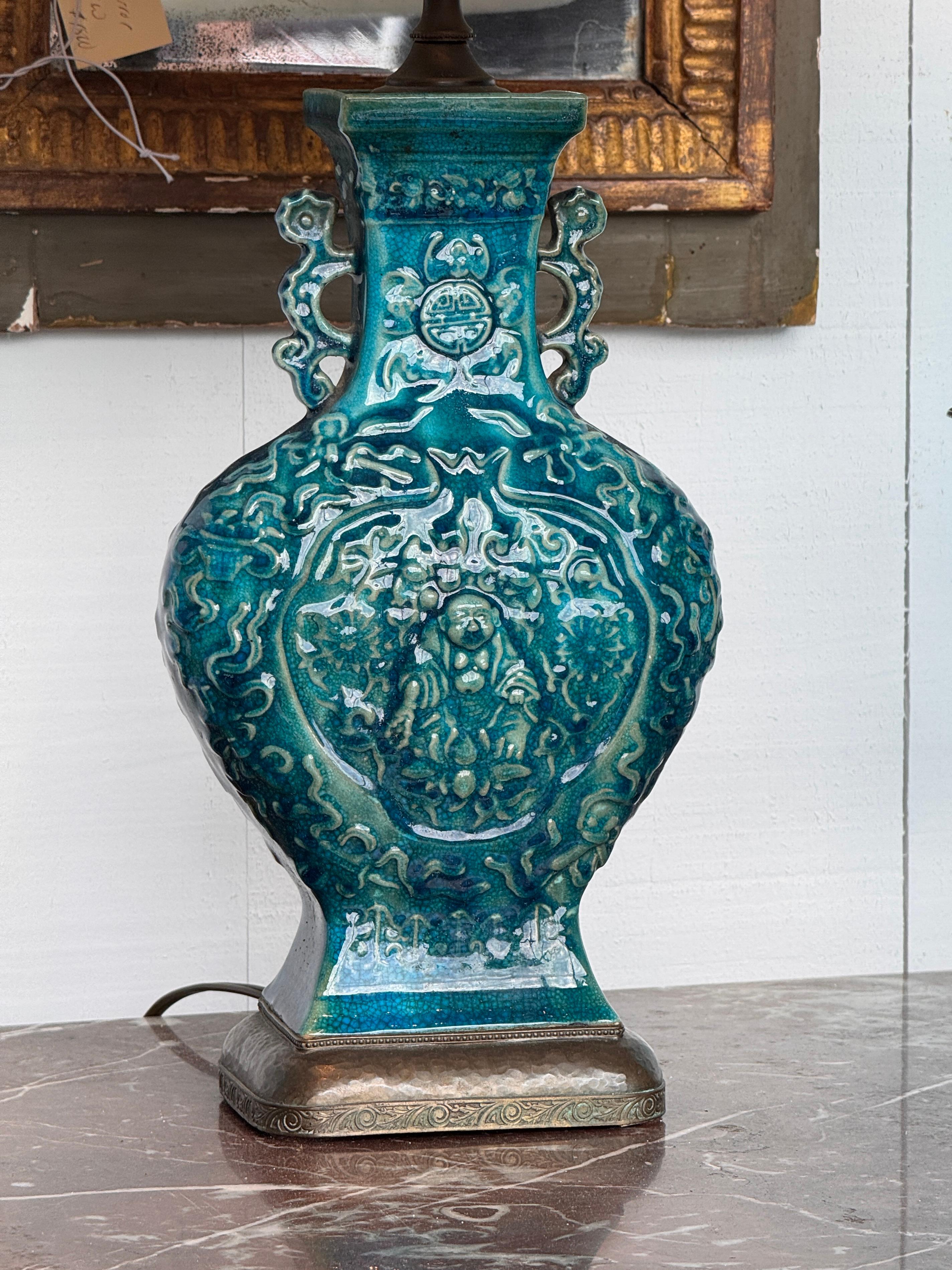 Peacock Blue Chinese Glazed Lamp With Bronze Mounts In Good Condition For Sale In Charlottesville, VA