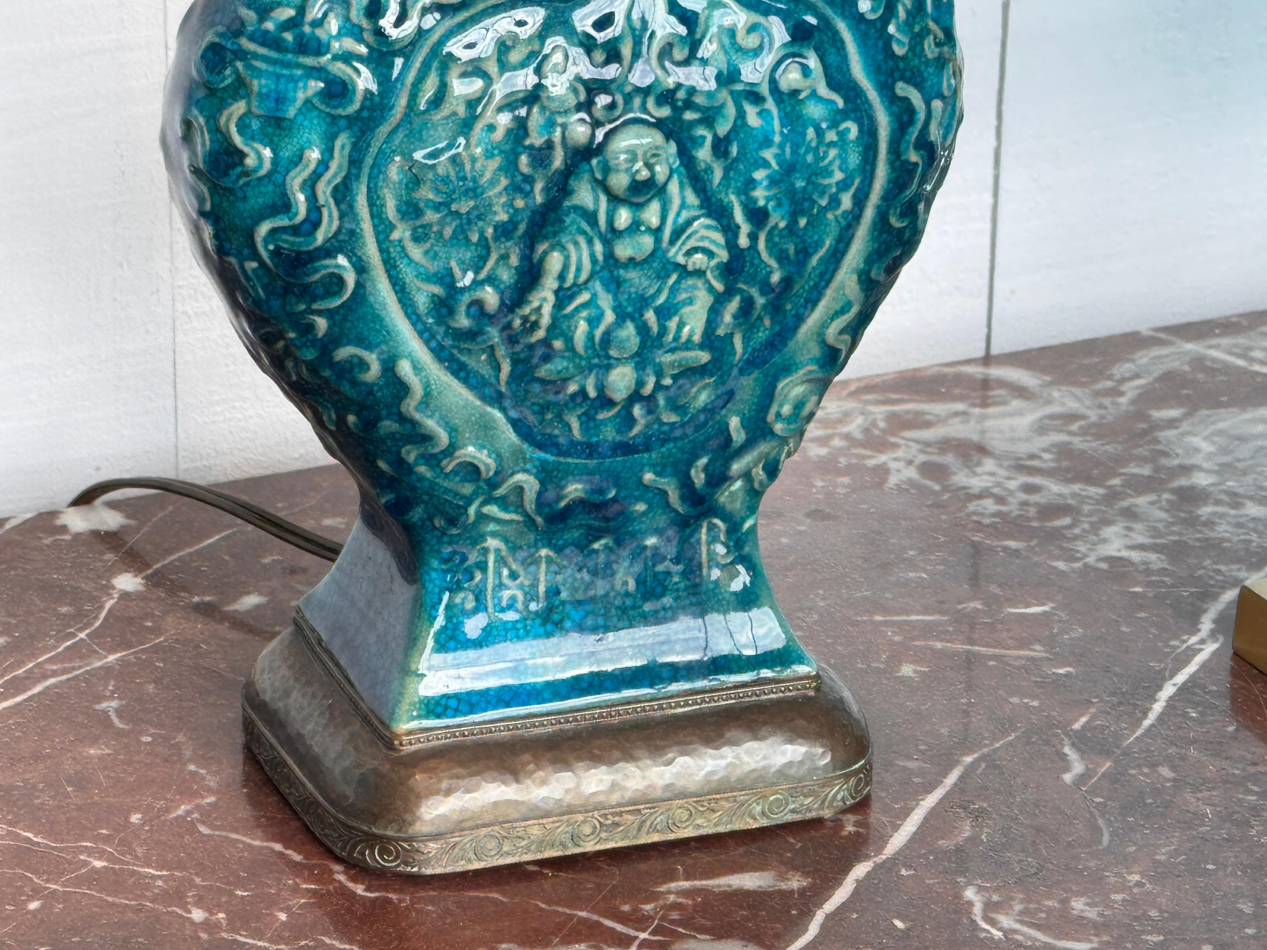 Early 20th Century Peacock Blue Chinese Glazed Lamp With Bronze Mounts For Sale