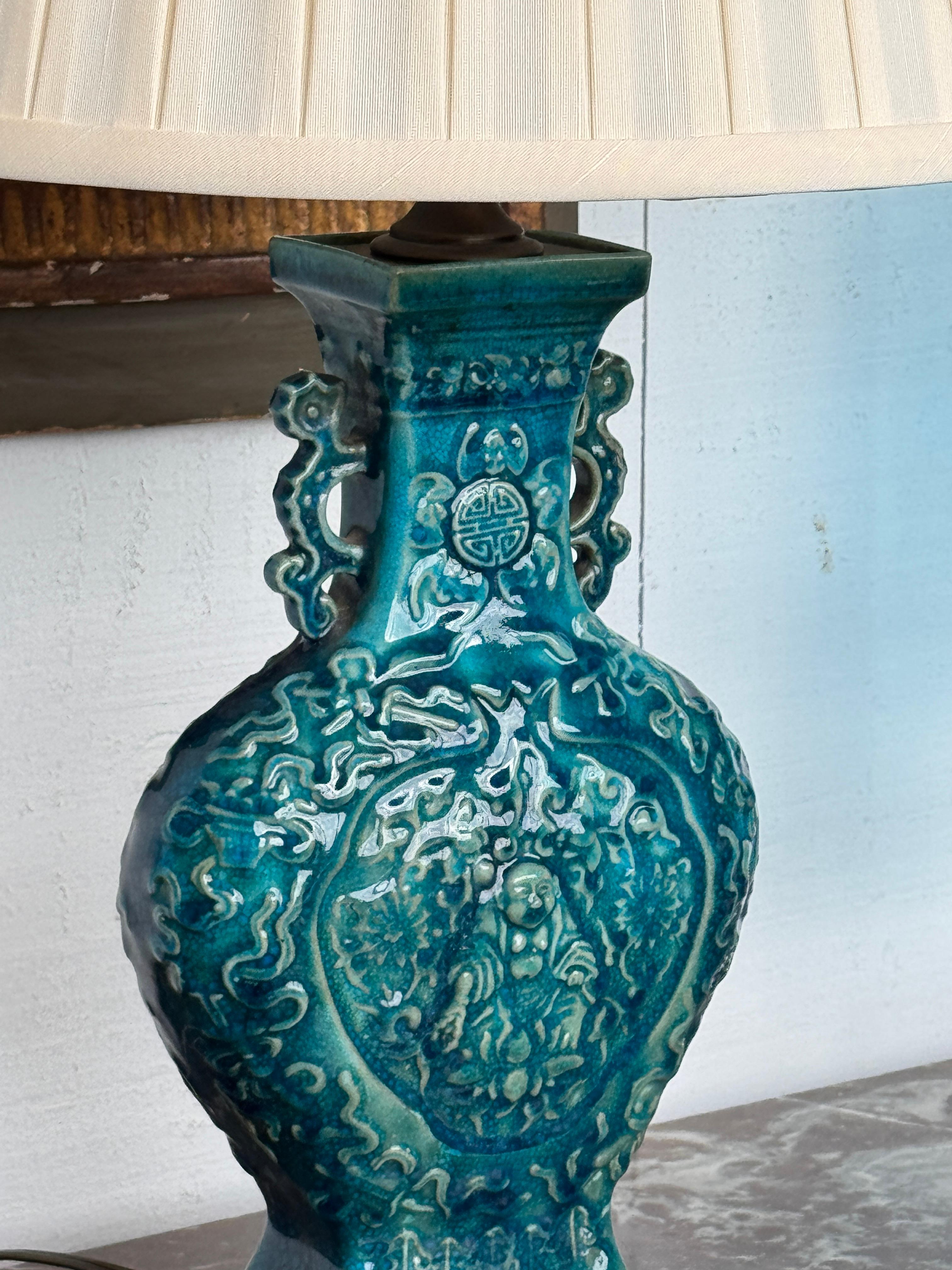 Peacock Blue Chinese Glazed Lamp With Bronze Mounts For Sale 1