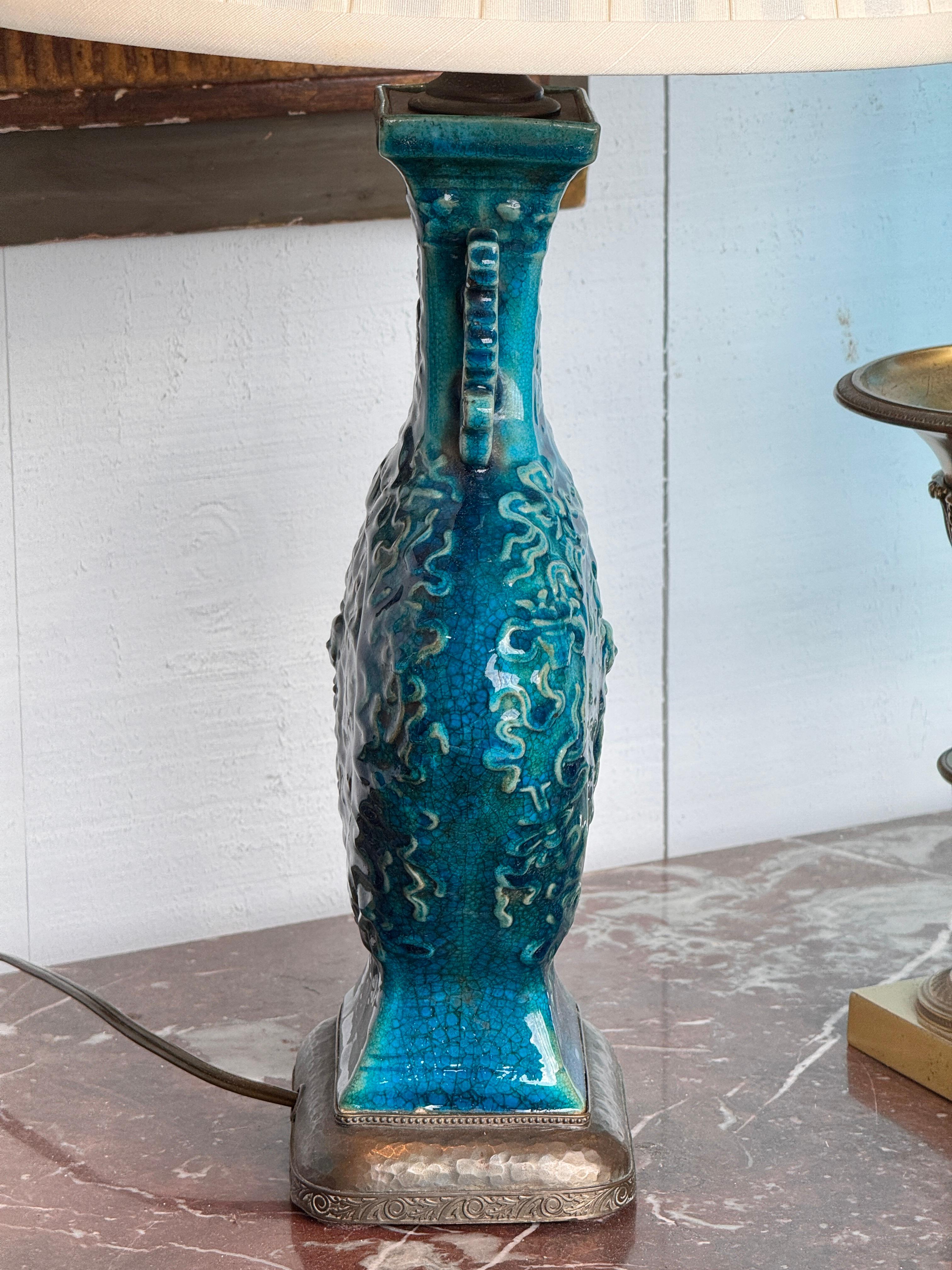 Peacock Blue Chinese Glazed Lamp With Bronze Mounts For Sale 2
