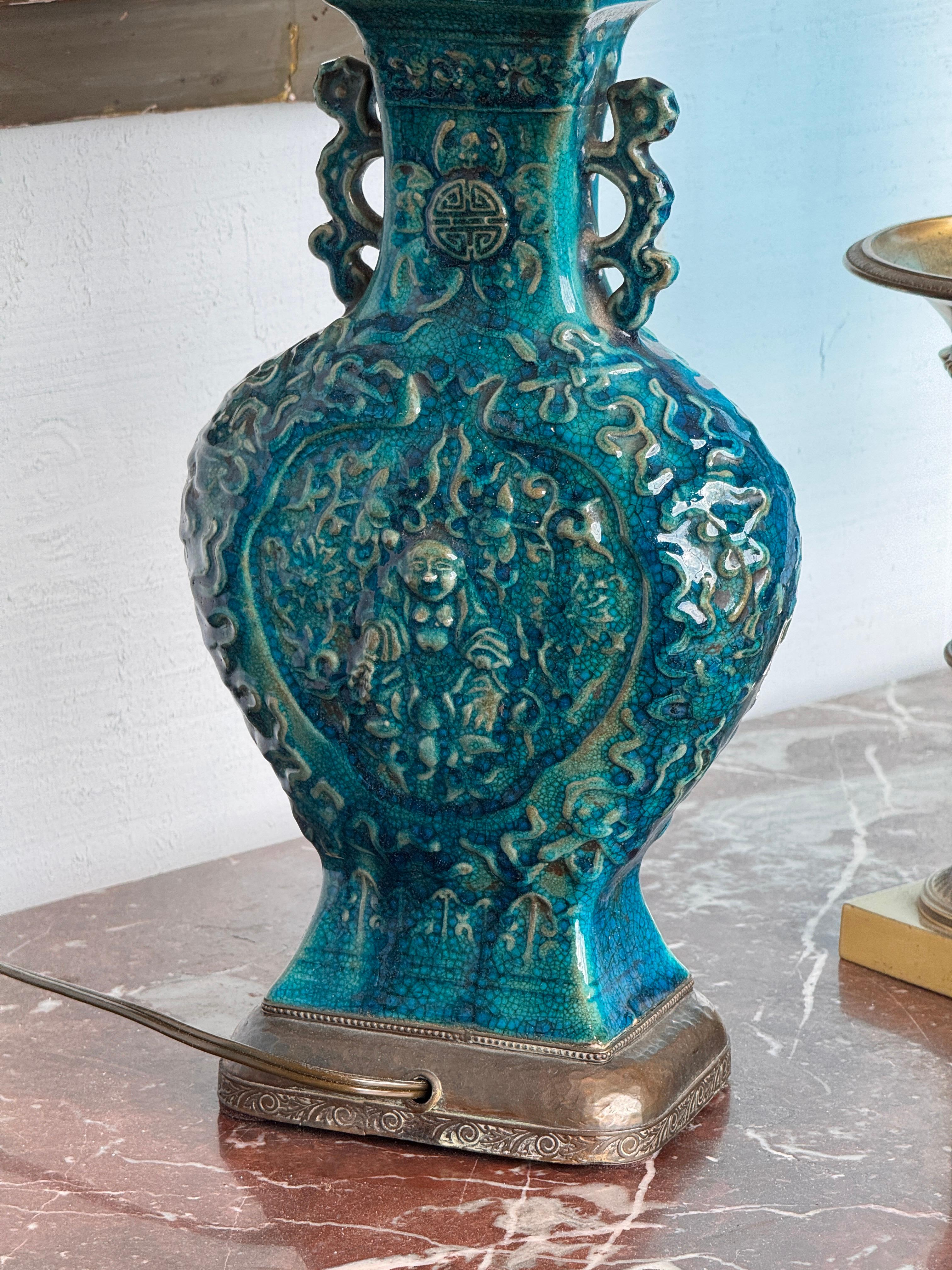 Peacock Blue Chinese Glazed Lamp With Bronze Mounts For Sale 3