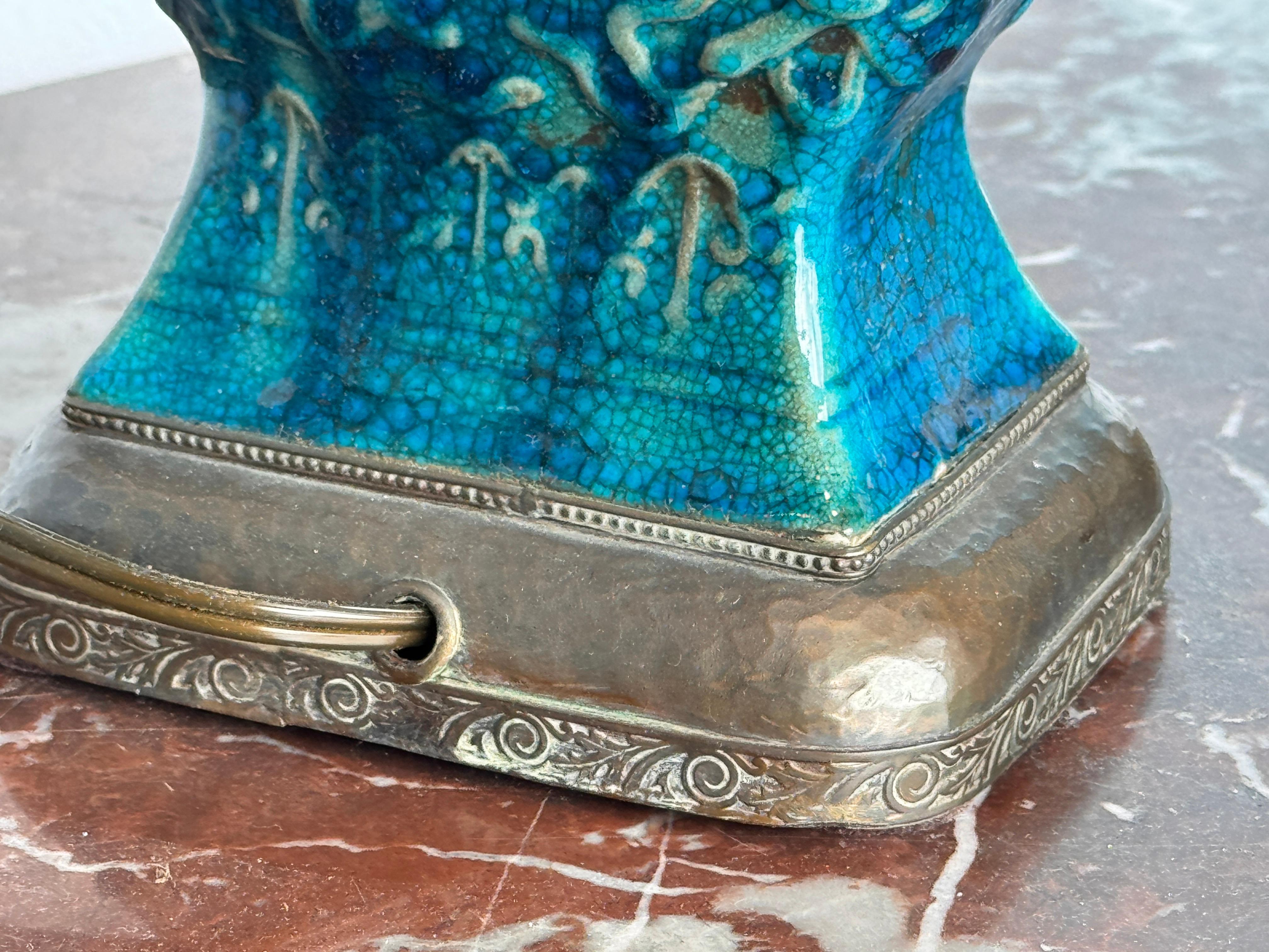 Peacock Blue Chinese Glazed Lamp With Bronze Mounts For Sale 4