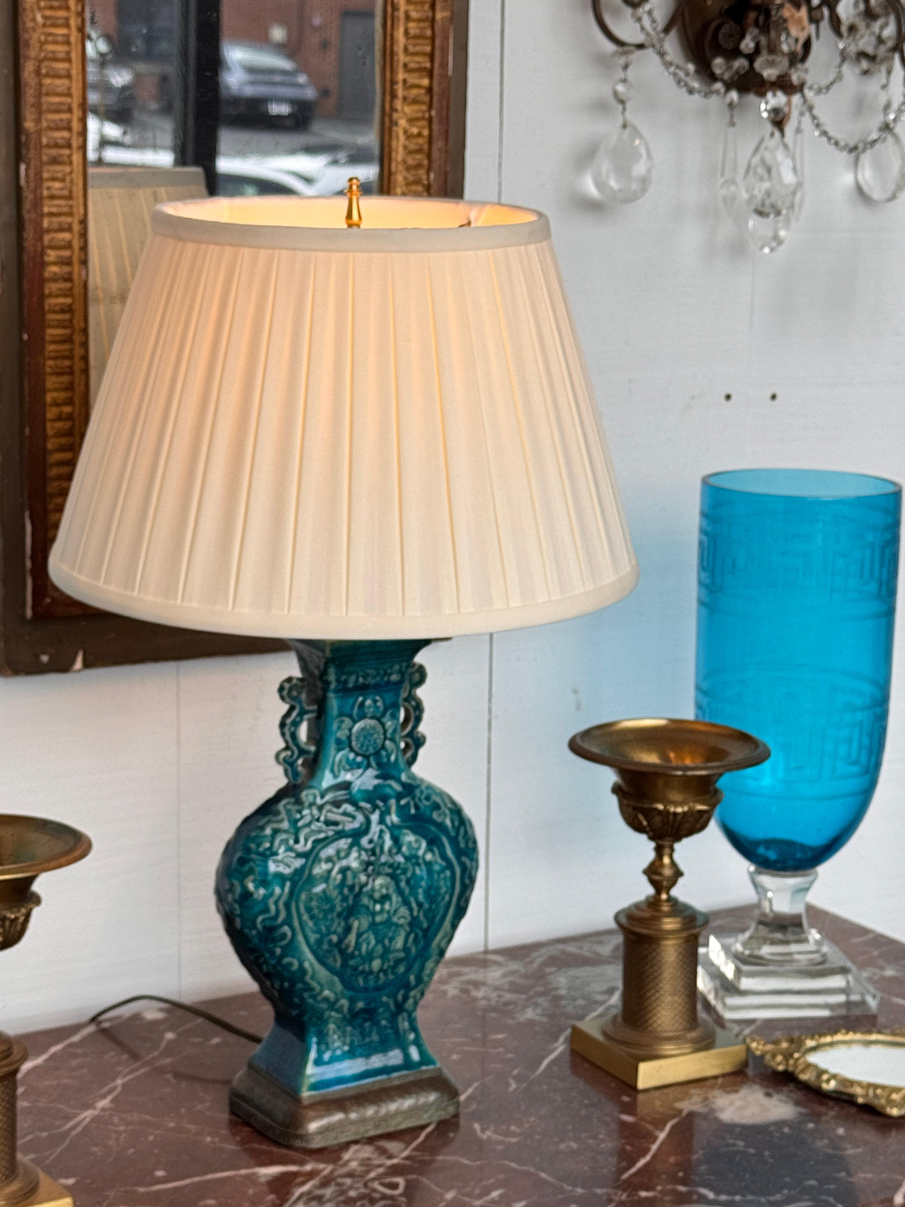 Peacock Blue Chinese Glazed Lamp With Bronze Mounts For Sale 5