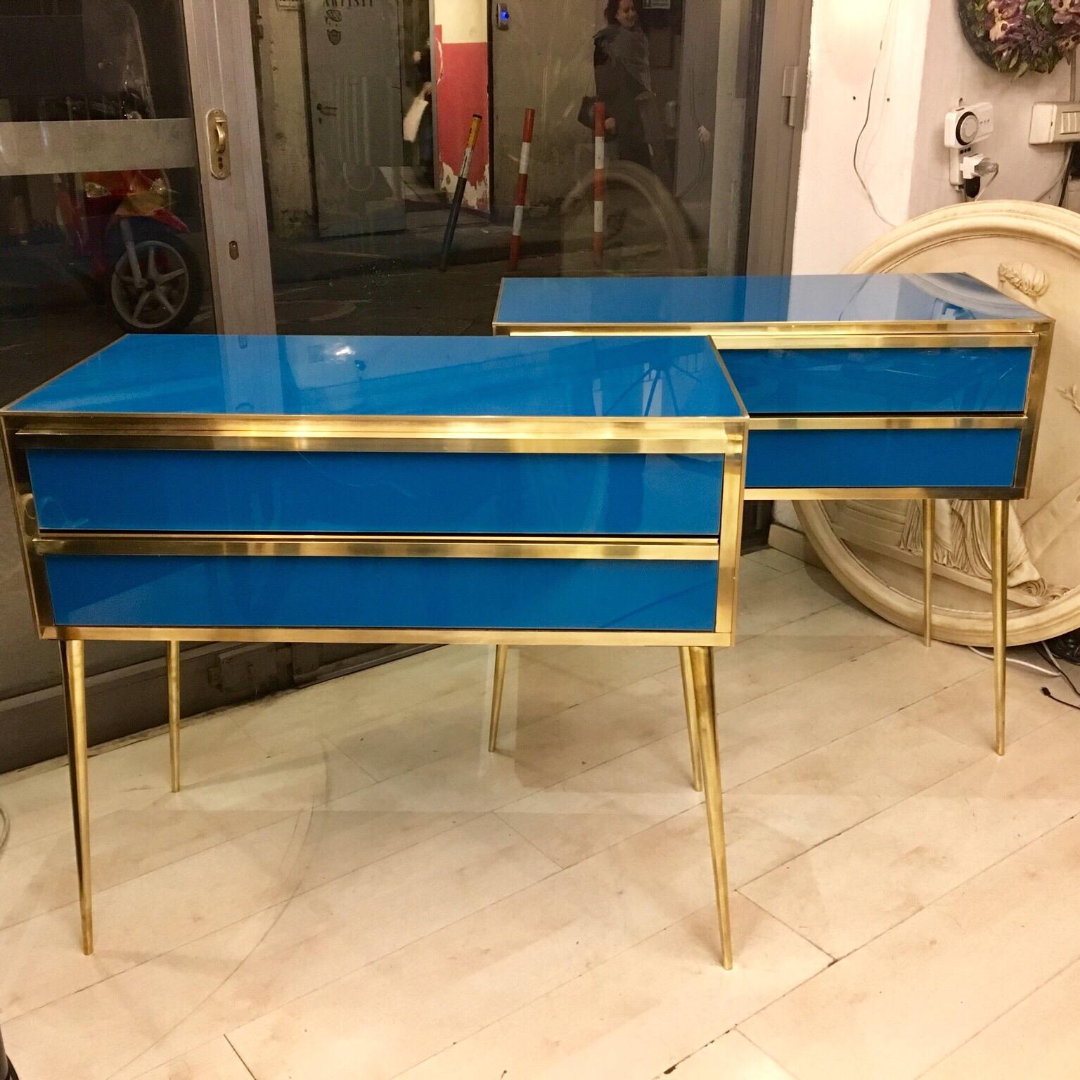 Mid-Century Modern Peacock Blue Opaline Glass Chest of Drawers Brass Fittings, 1950s